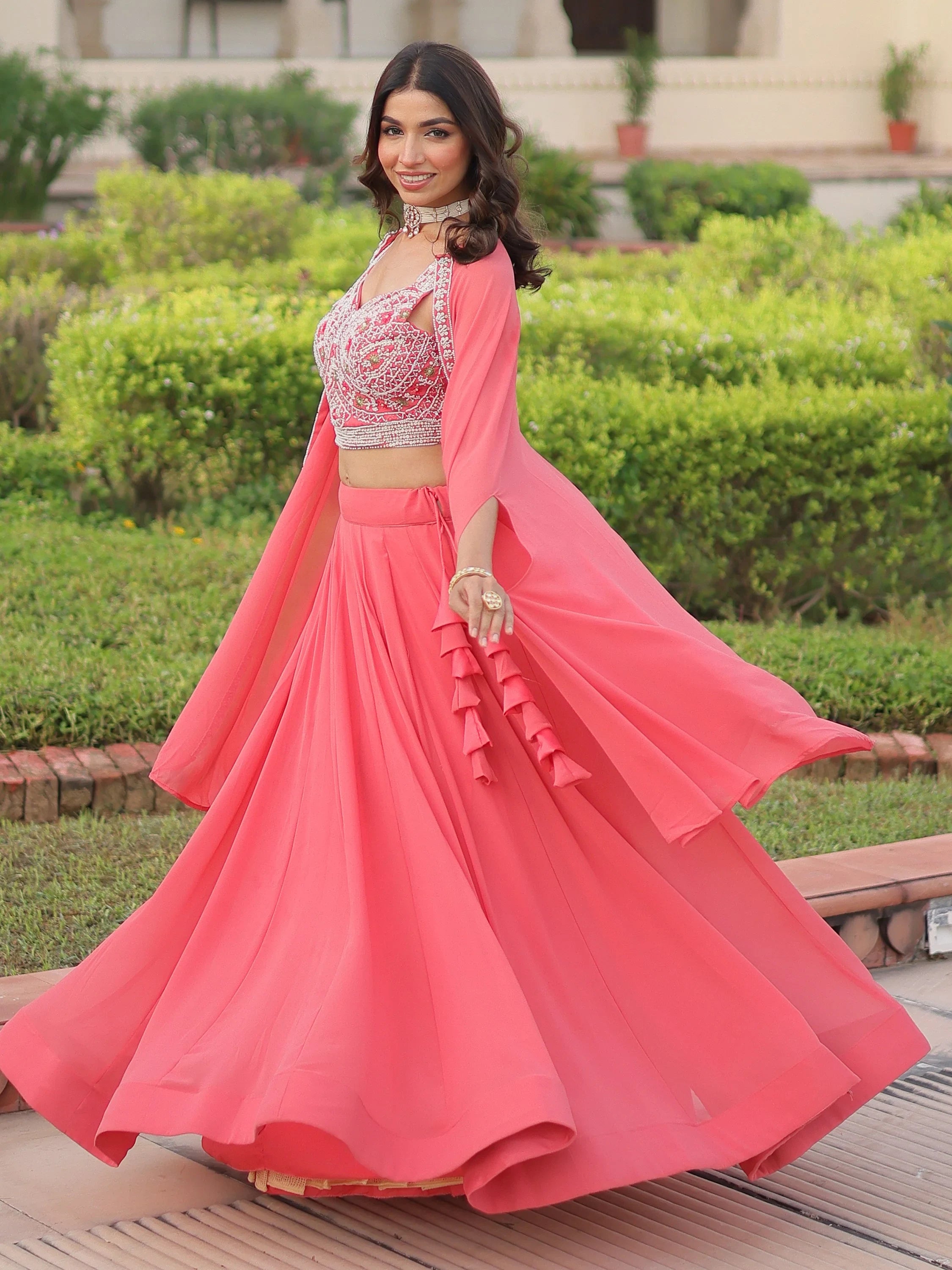 Elegant Peach Beads Work Georgette Wedding Wear Lehenga With Shrug