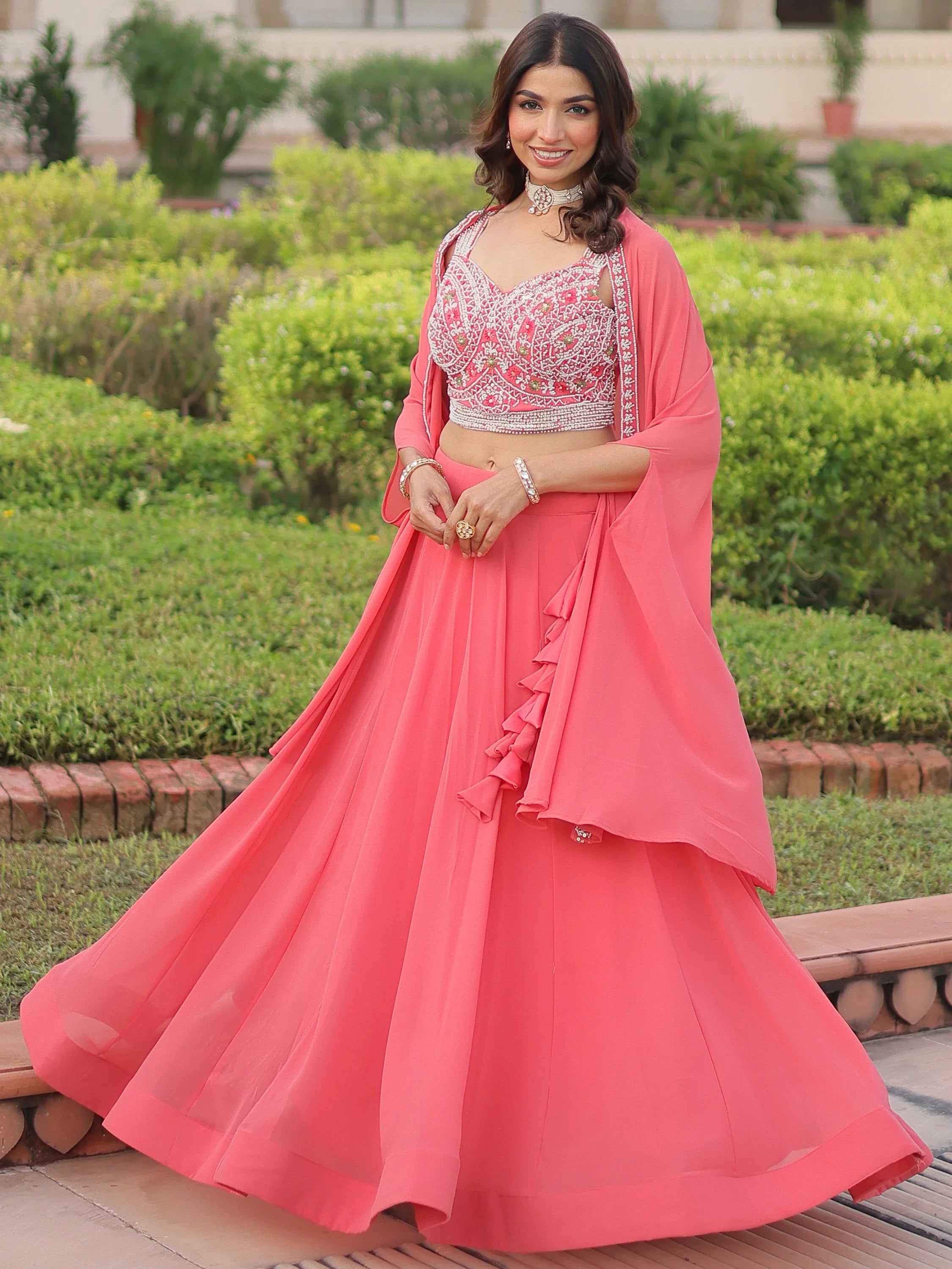 Elegant Peach Beads Work Georgette Wedding Wear Lehenga With Shrug