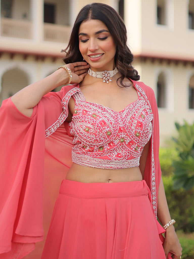 Elegant Peach Beads Work Georgette Wedding Wear Lehenga With Shrug