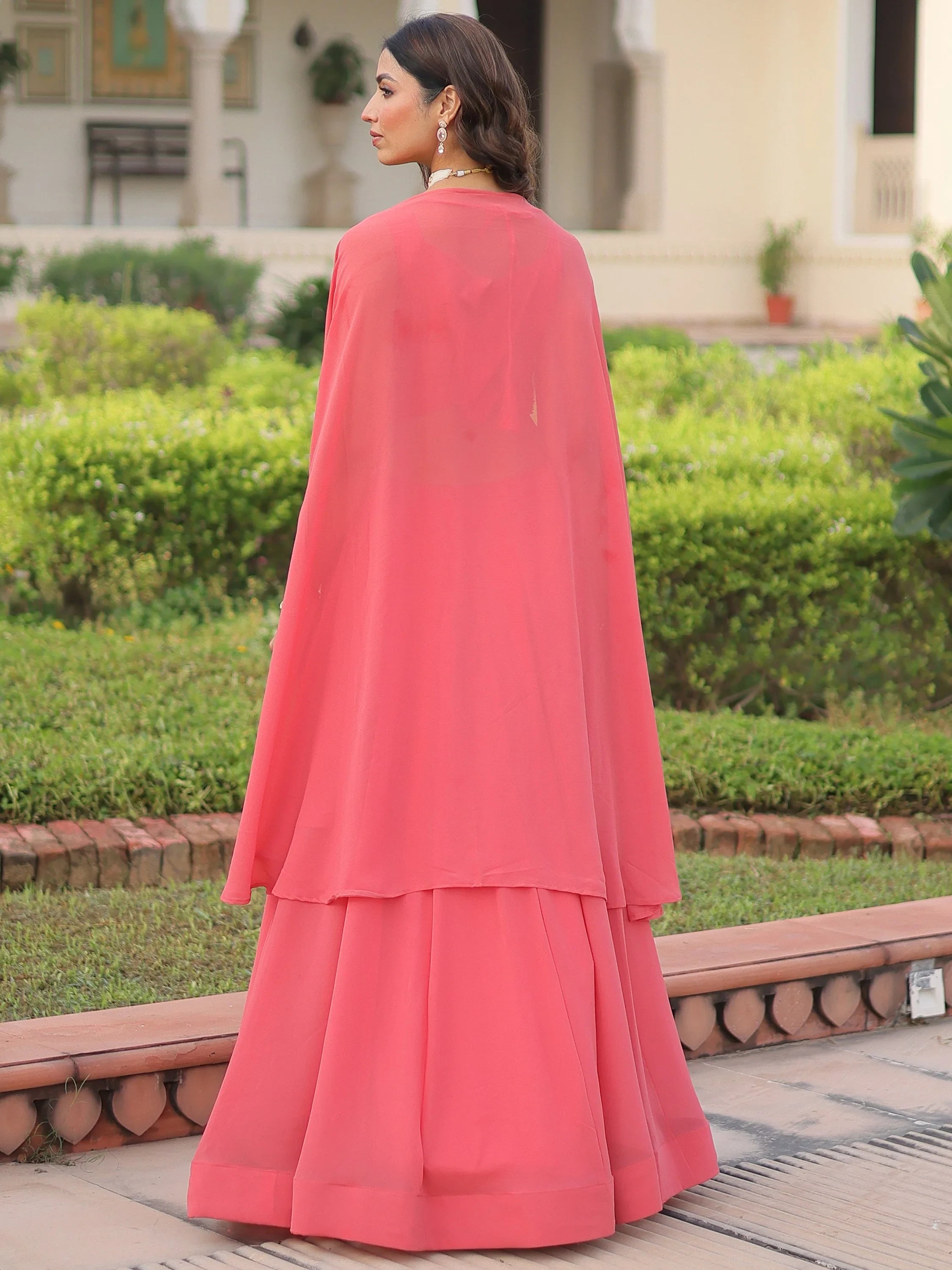 Elegant Peach Beads Work Georgette Wedding Wear Lehenga With Shrug