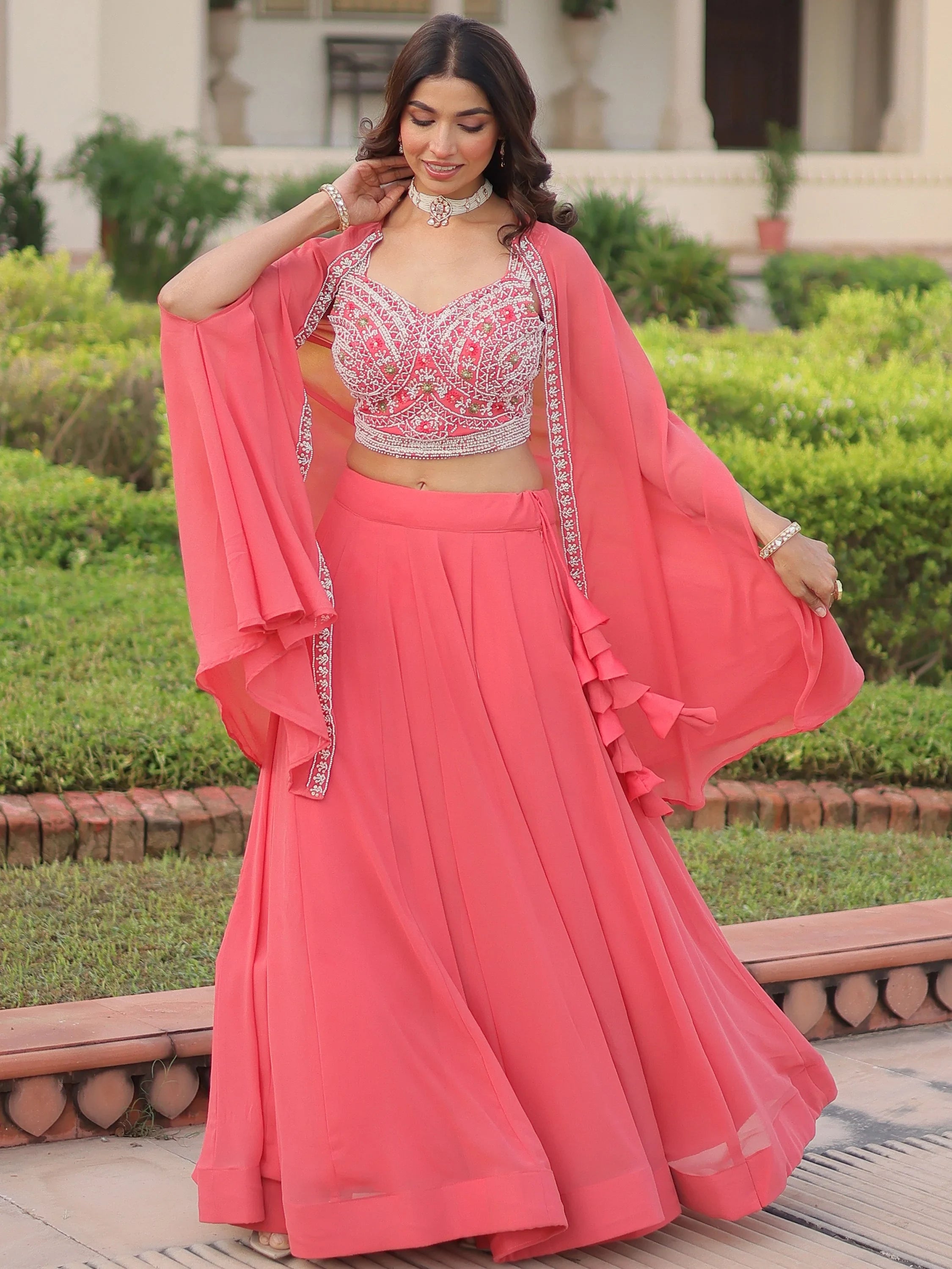 Elegant Peach Beads Work Georgette Wedding Wear Lehenga With Shrug