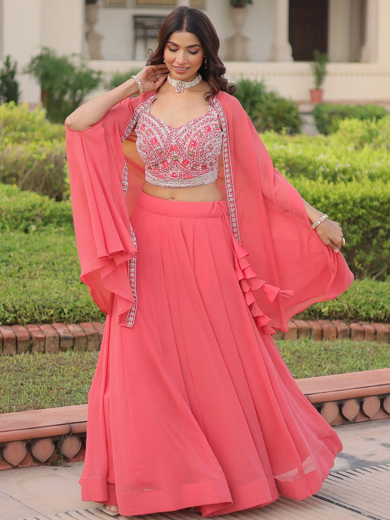 Elegant Peach Beads Work Georgette Wedding Wear Lehenga With Shrug