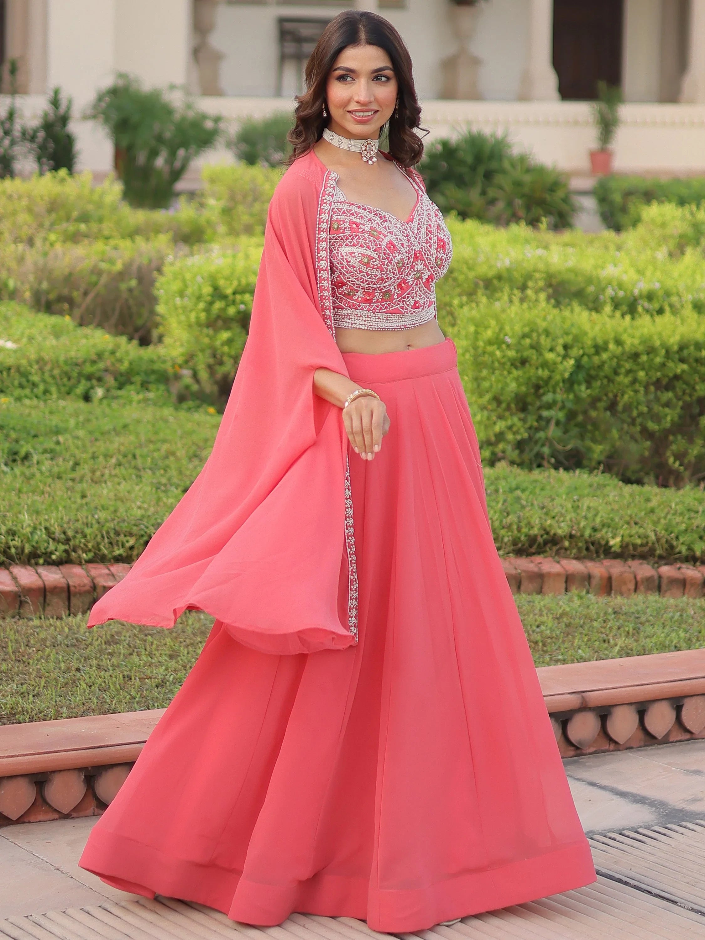 Elegant Peach Beads Work Georgette Wedding Wear Lehenga With Shrug