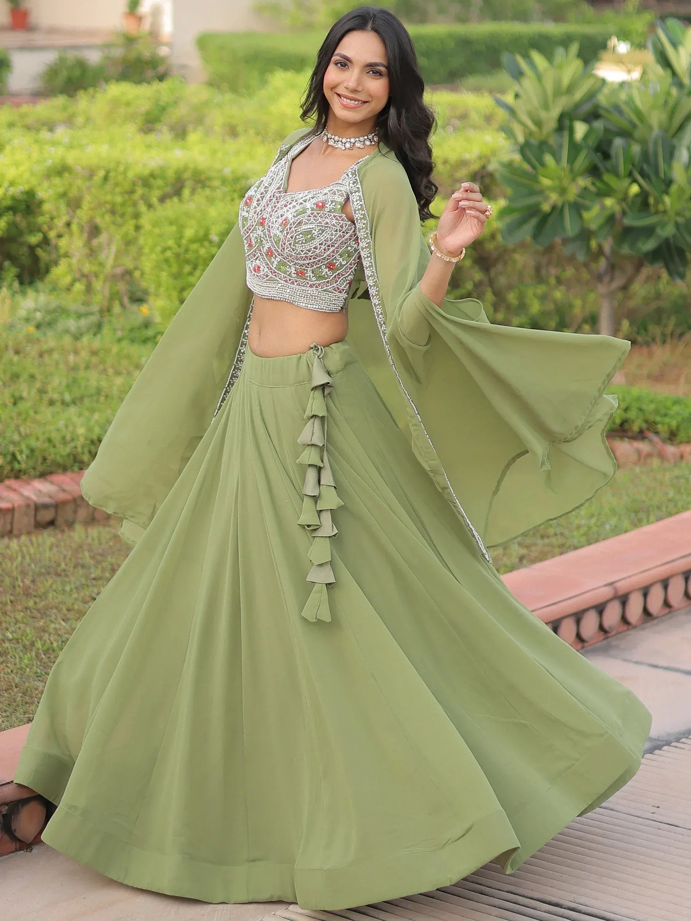 Graceful Green Beads Work Georgette Festive Wear Lehenga With Shrug