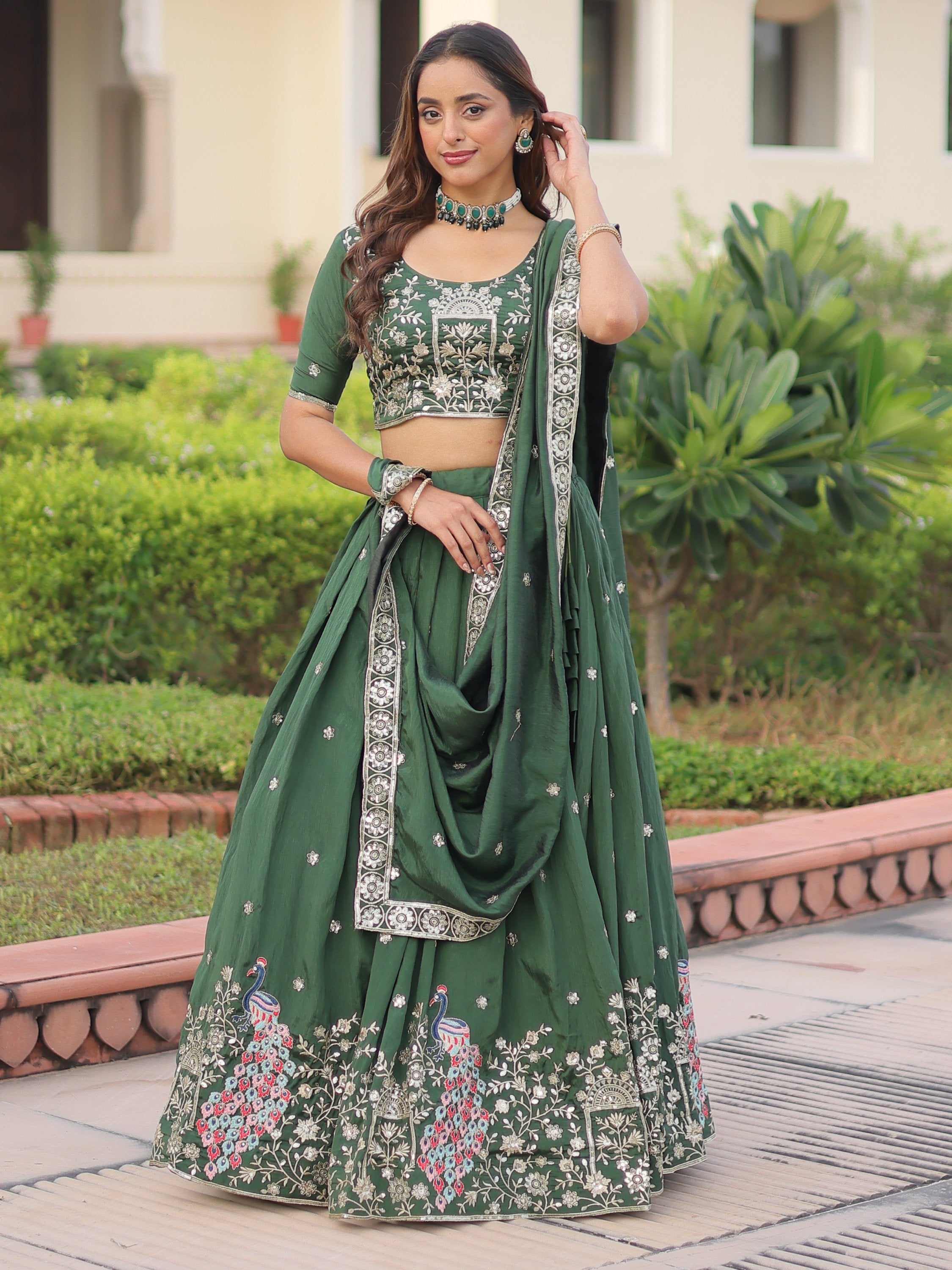 Exclusive Green Zari Work Silk Mehendi Wear Lehenga Choli With Dupatta