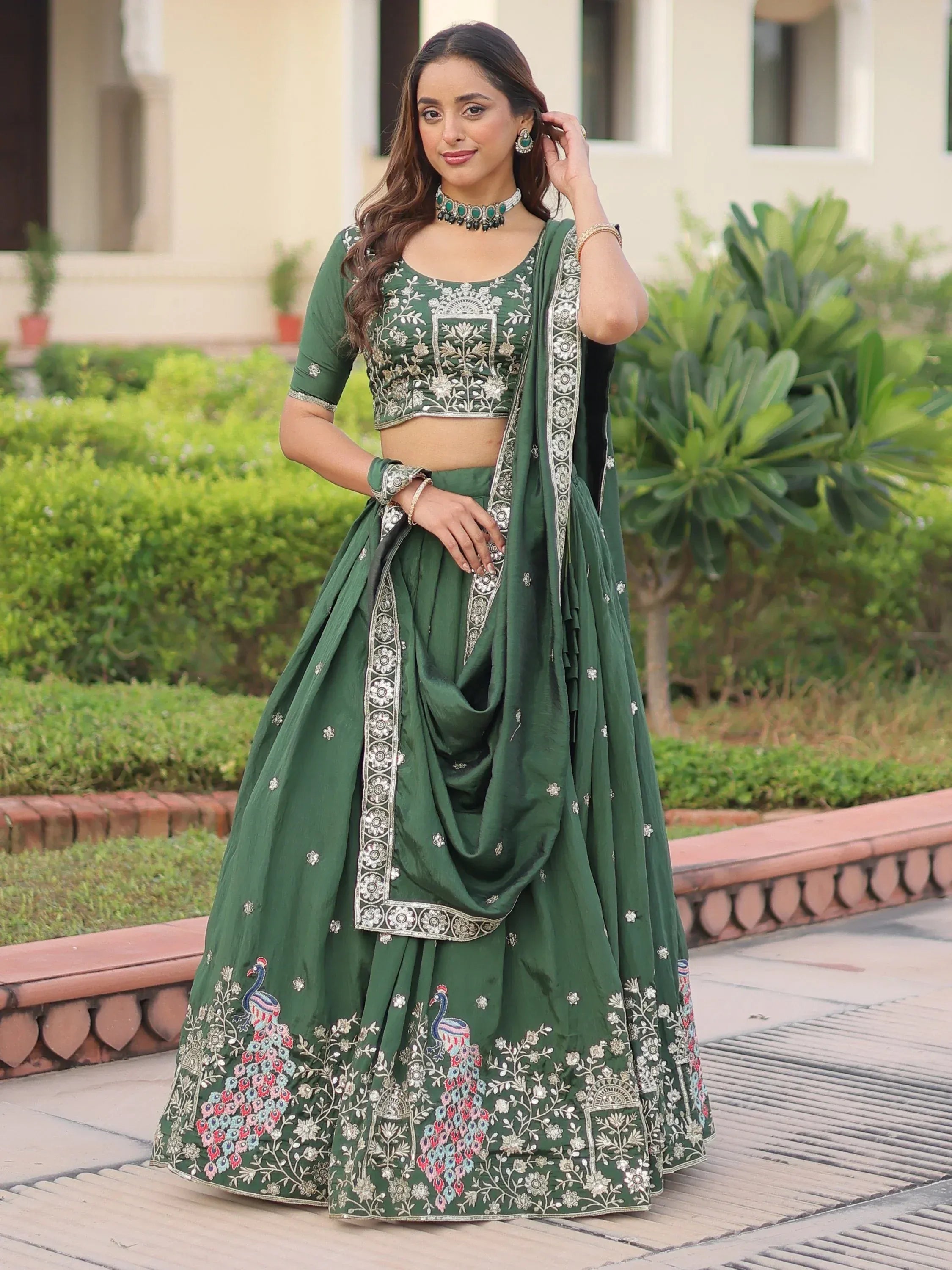 Exclusive Green Zari Work Silk Mehendi Wear Lehenga Choli With Dupatta