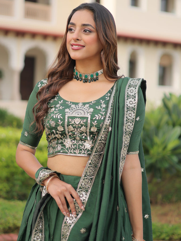 Exclusive Green Zari Work Silk Mehendi Wear Lehenga Choli With Dupatta