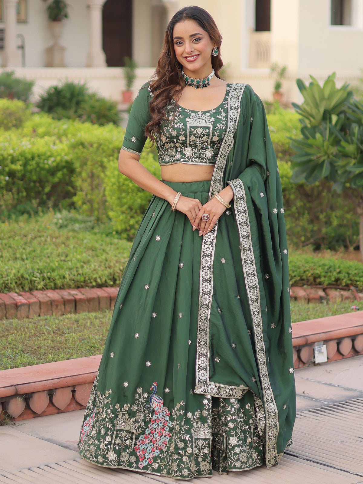 Exclusive Green Zari Work Silk Mehendi Wear Lehenga Choli With Dupatta