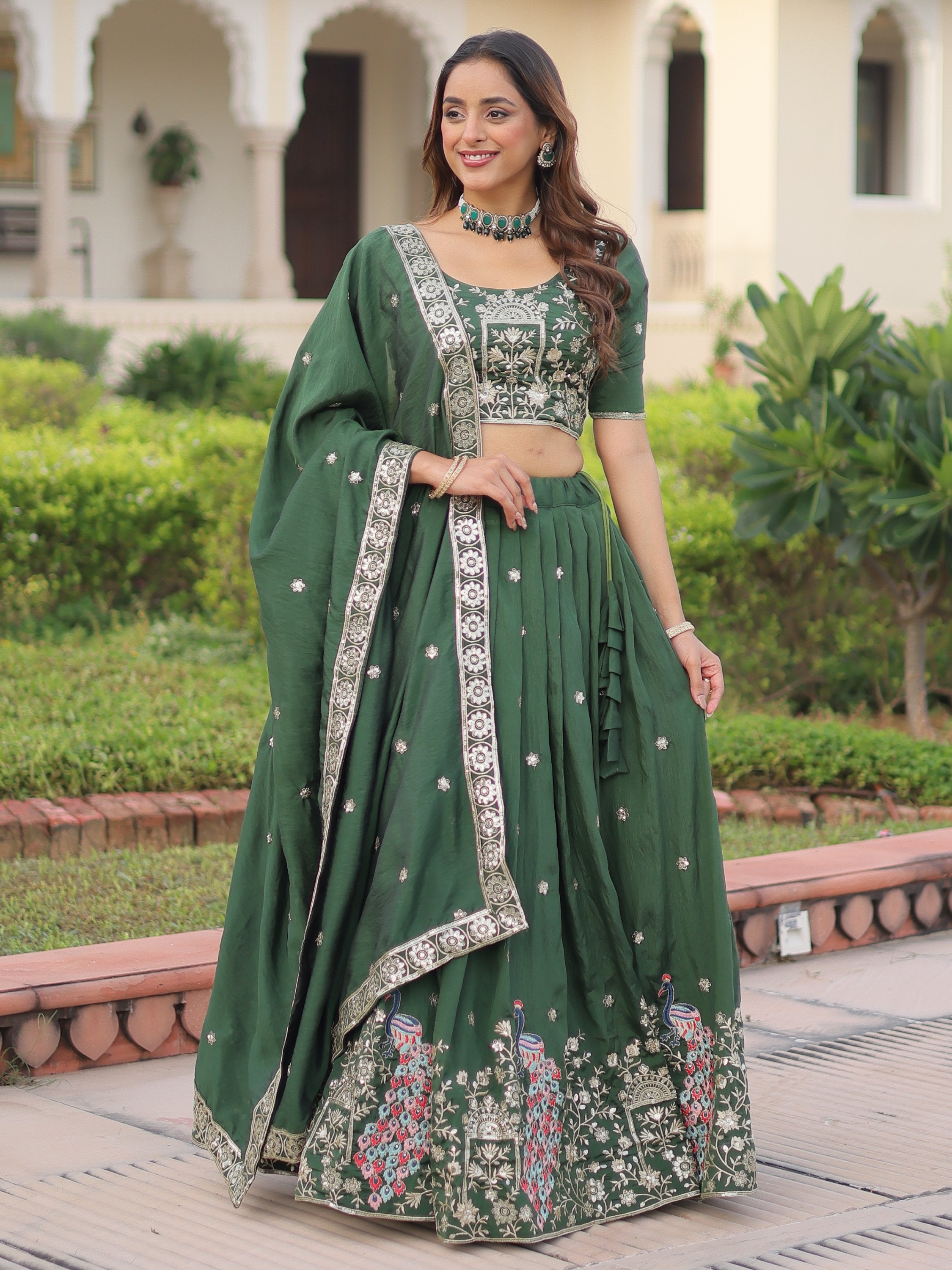 Exclusive Green Zari Work Silk Mehendi Wear Lehenga Choli With Dupatta