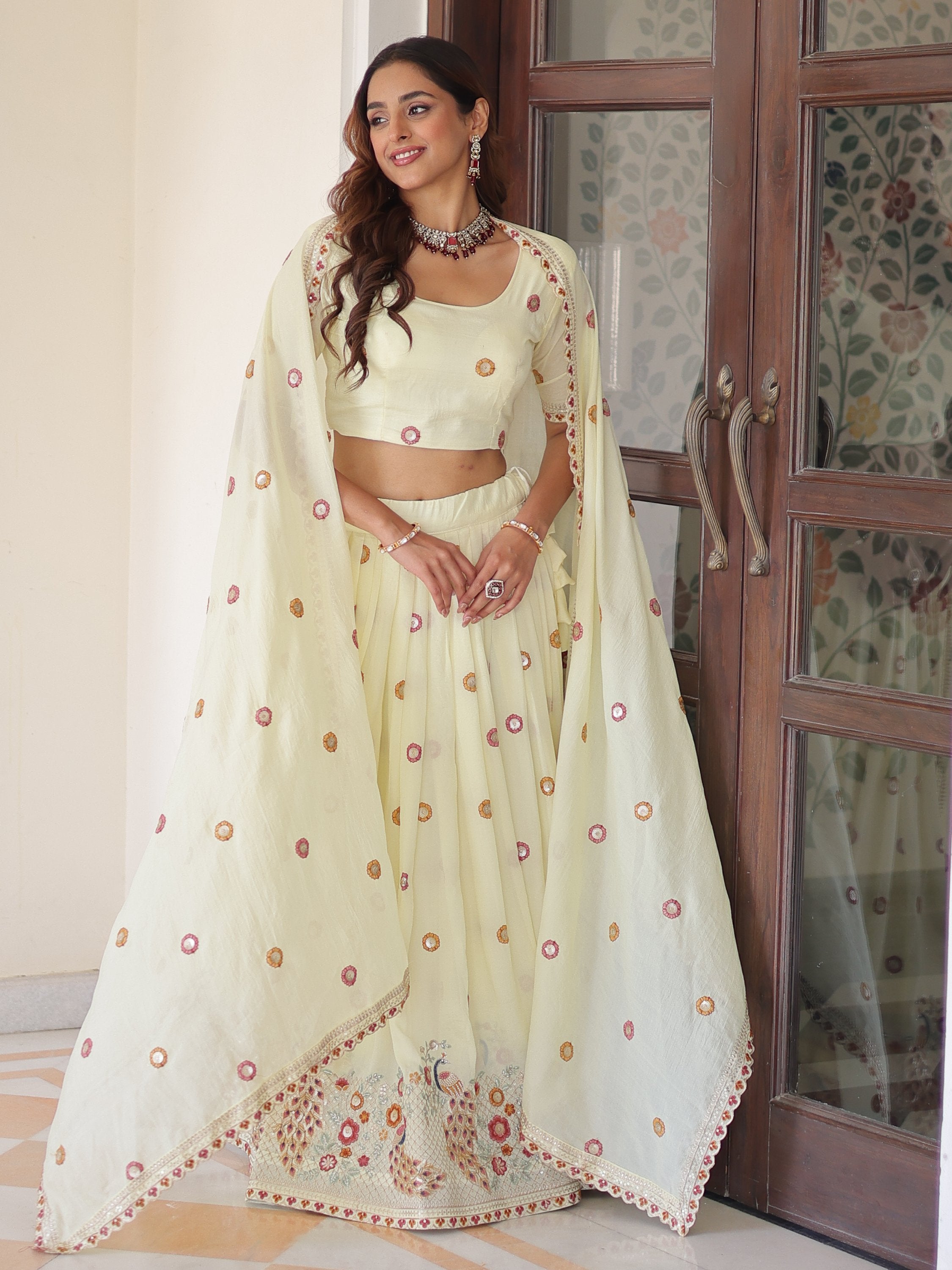 Striking Off-White Multi Thread Work Silk Lehenga With Blouse