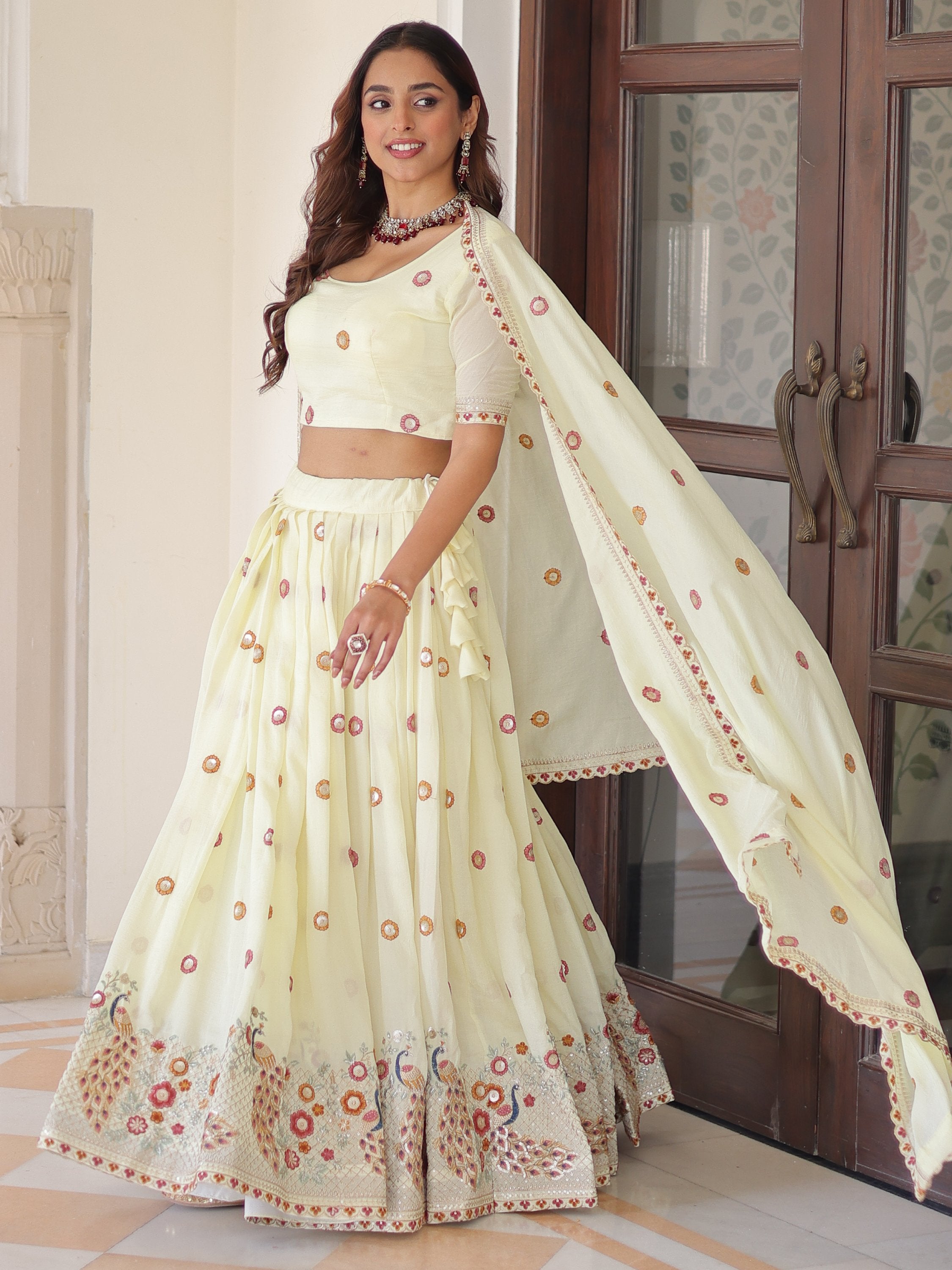 Striking Off-White Multi Thread Work Silk Lehenga With Blouse