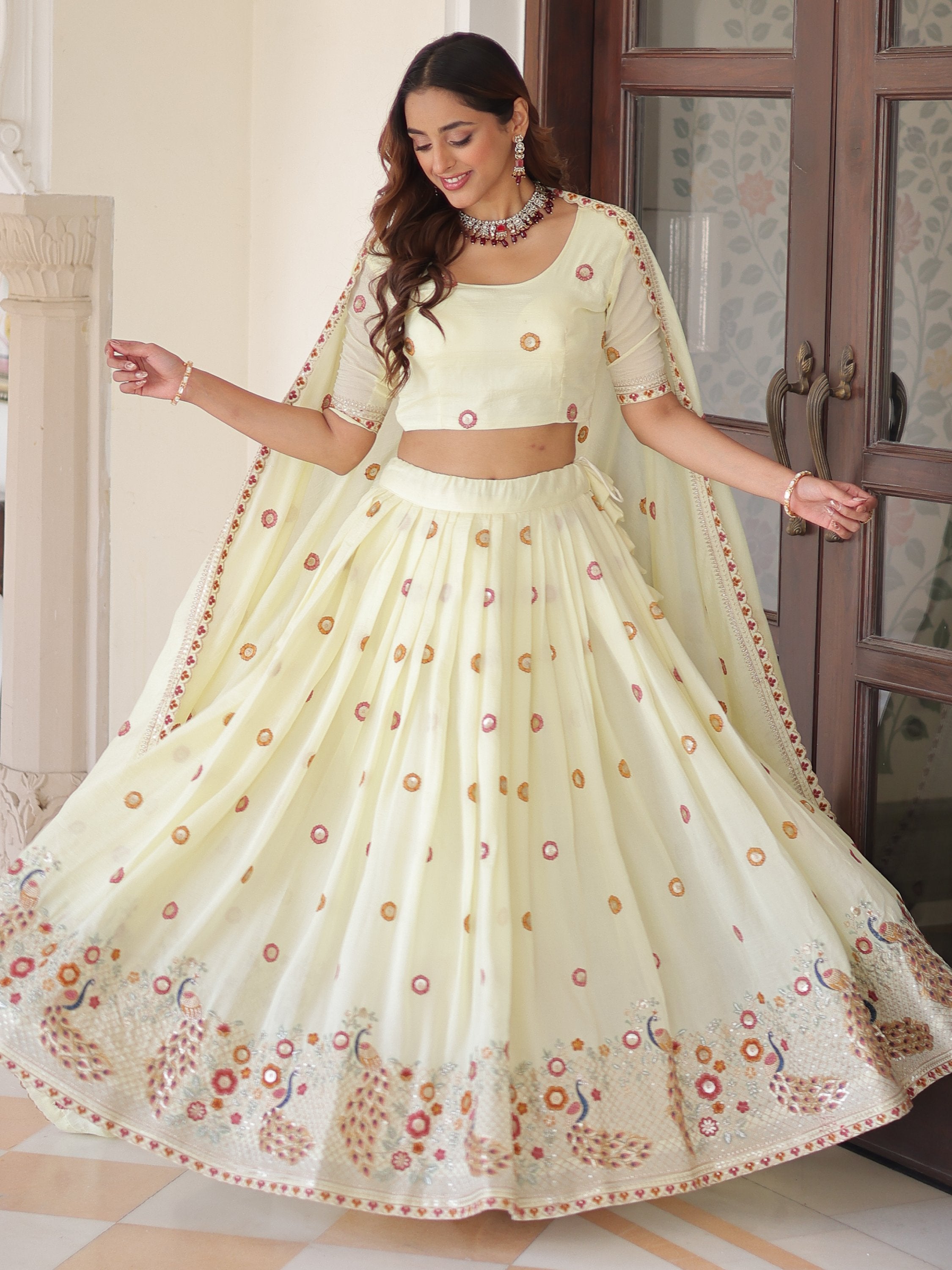 Striking Off-White Multi Thread Work Silk Lehenga With Blouse