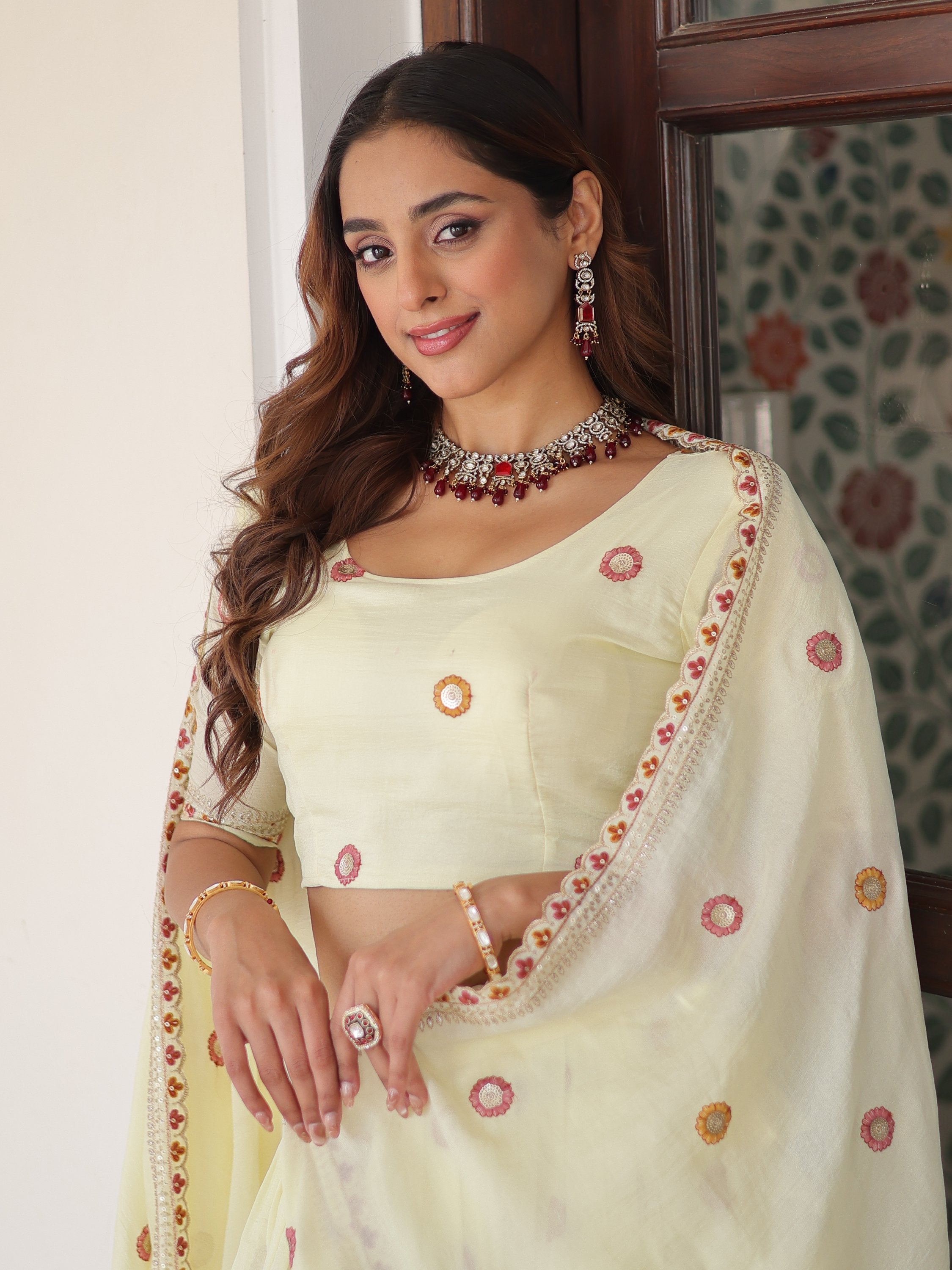 Striking Off-White Multi Thread Work Silk Lehenga With Blouse