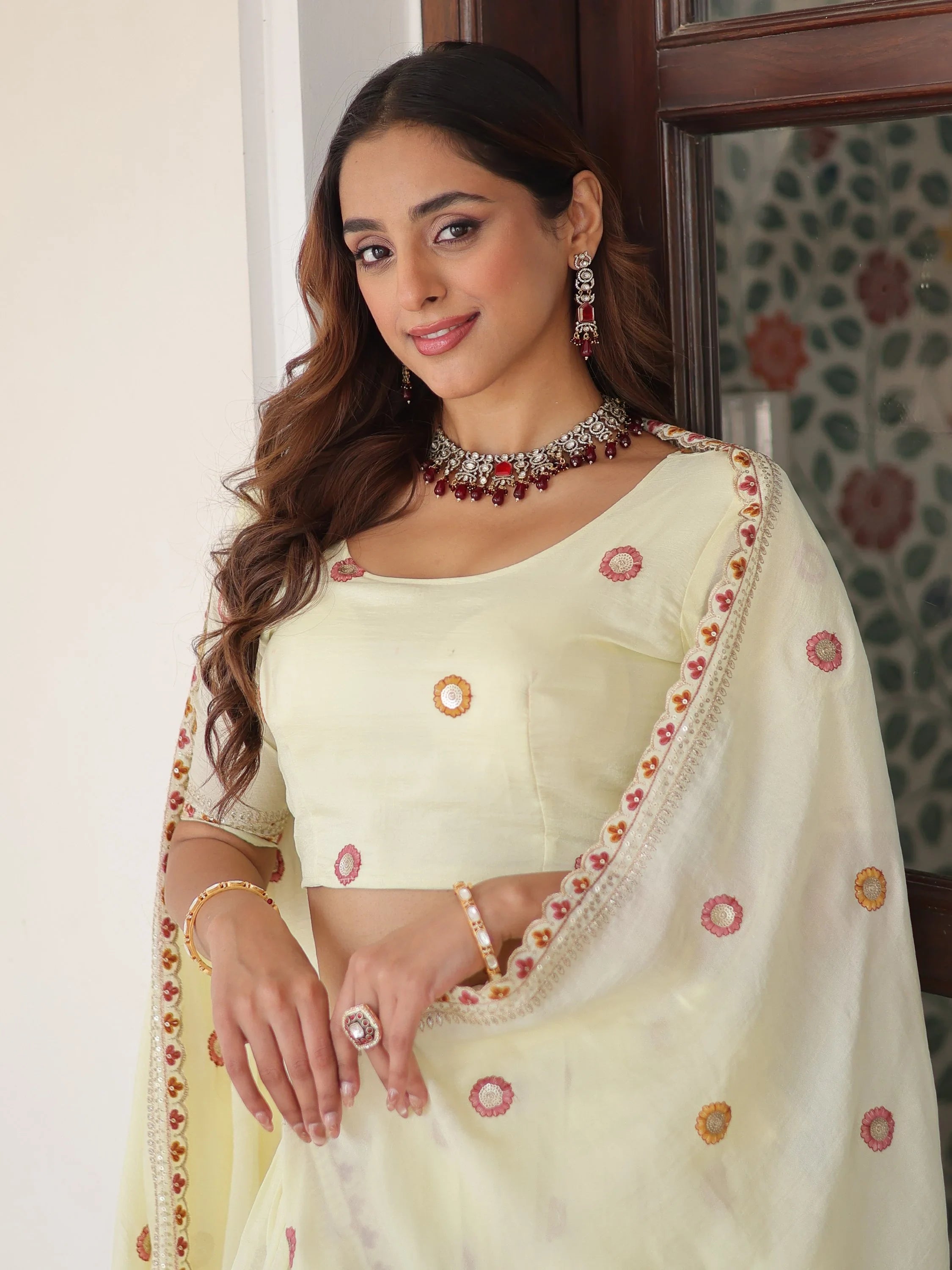 Striking Off-White Multi Thread Work Silk Lehenga With Blouse