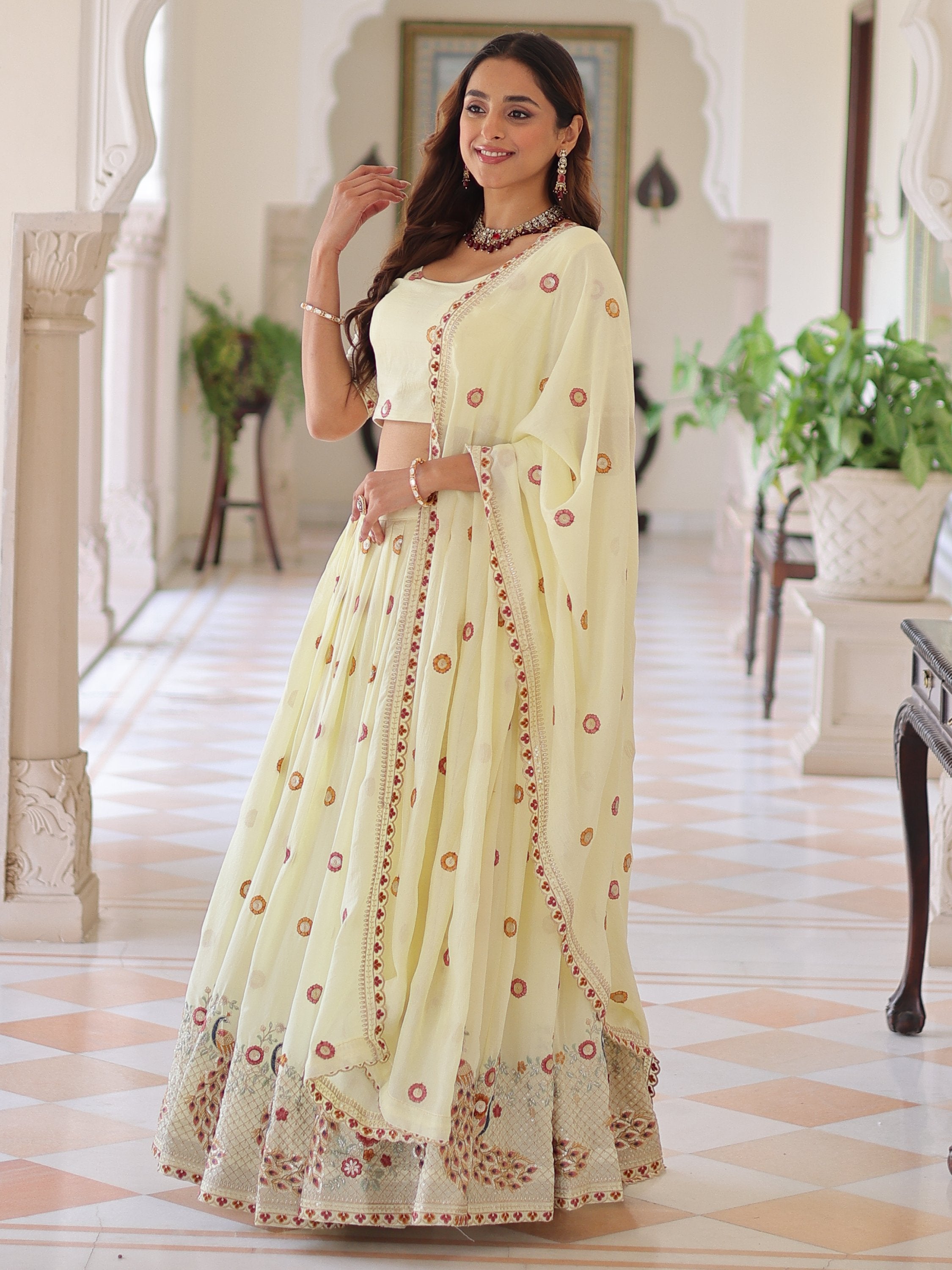 Striking Off-White Multi Thread Work Silk Lehenga With Blouse