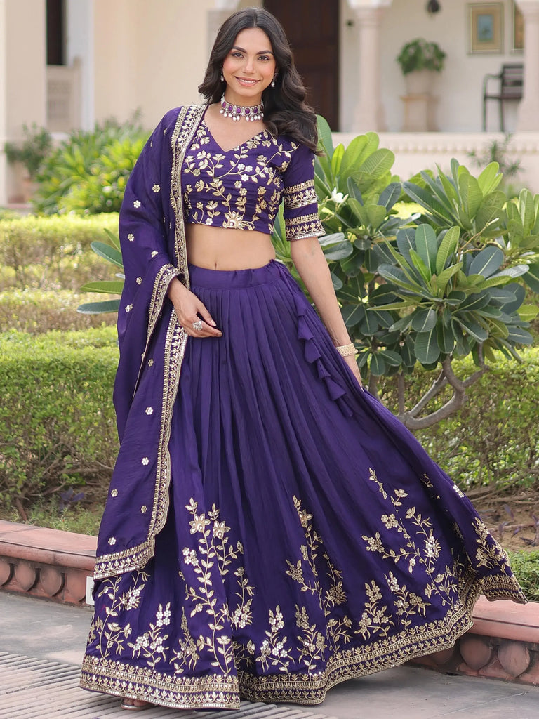 Graceful Purple Embroidered Silk Wedding Wear Lehenga Choli 