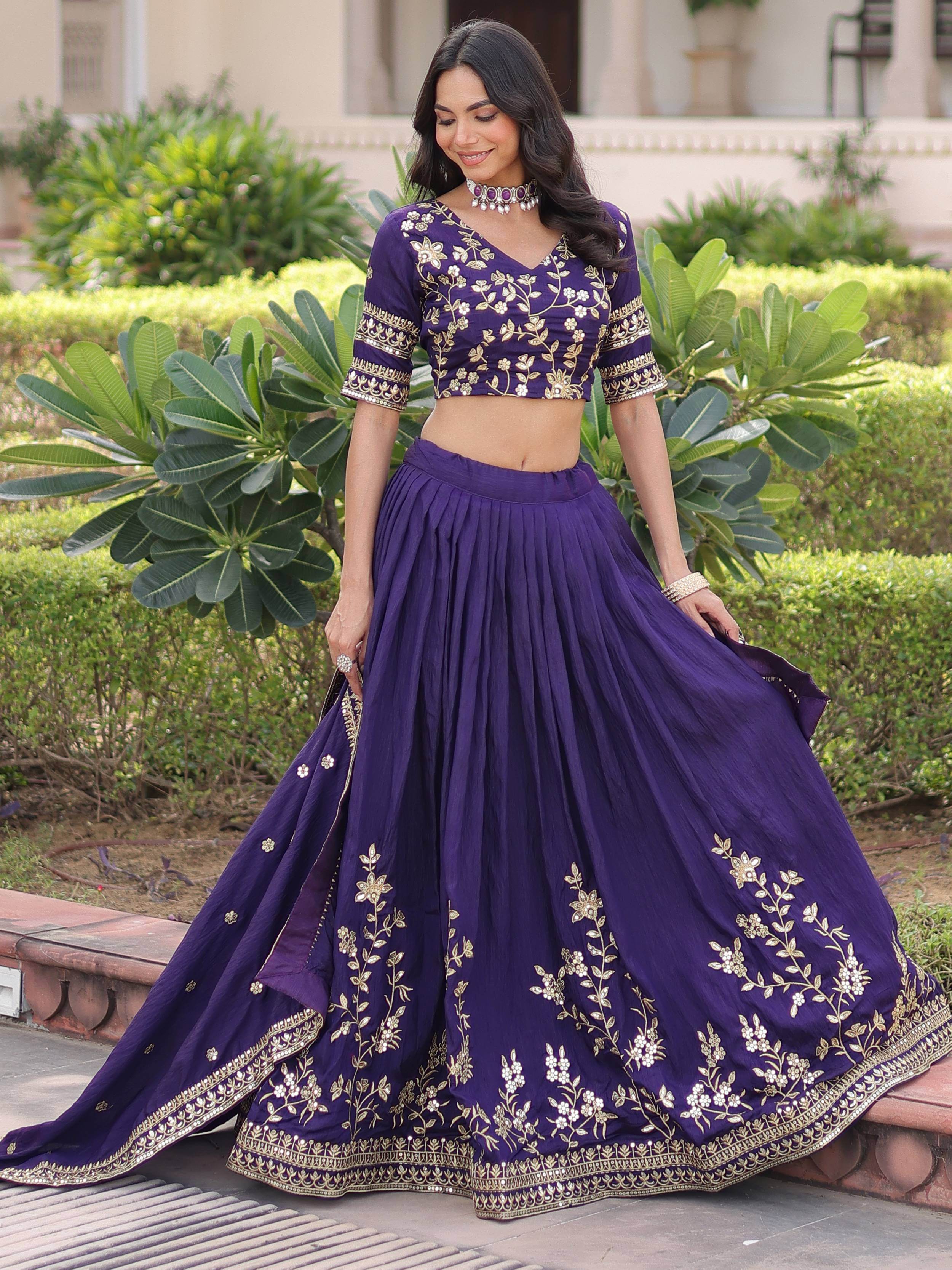 Graceful Purple Embroidered Silk Wedding Wear Lehenga Choli 