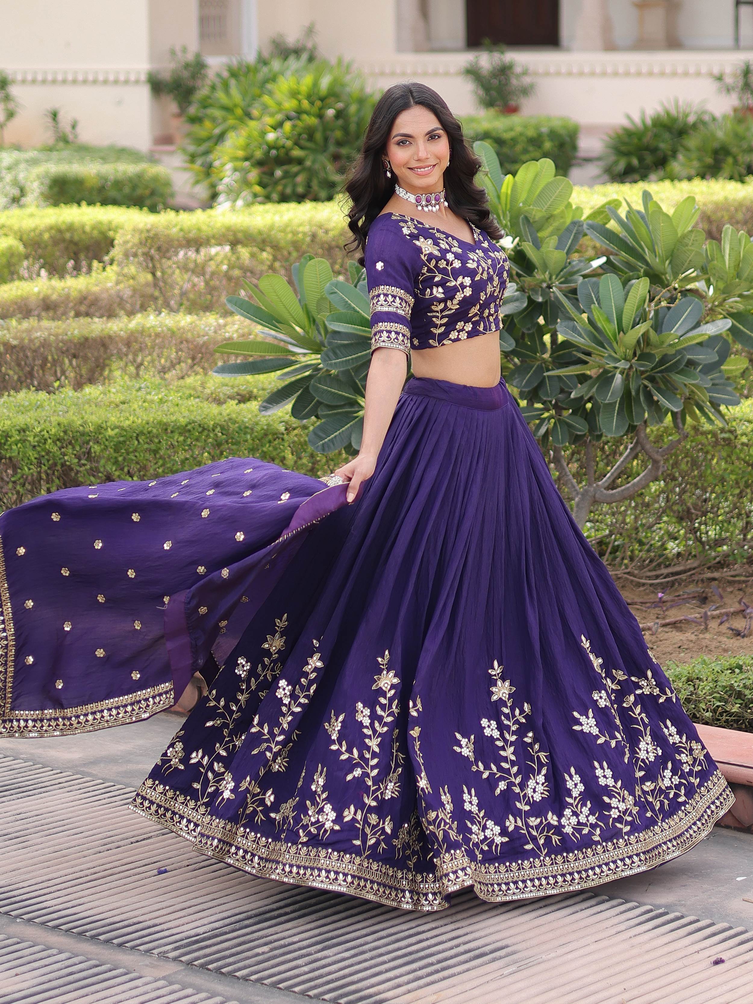 Graceful Purple Embroidered Silk Wedding Wear Lehenga Choli 