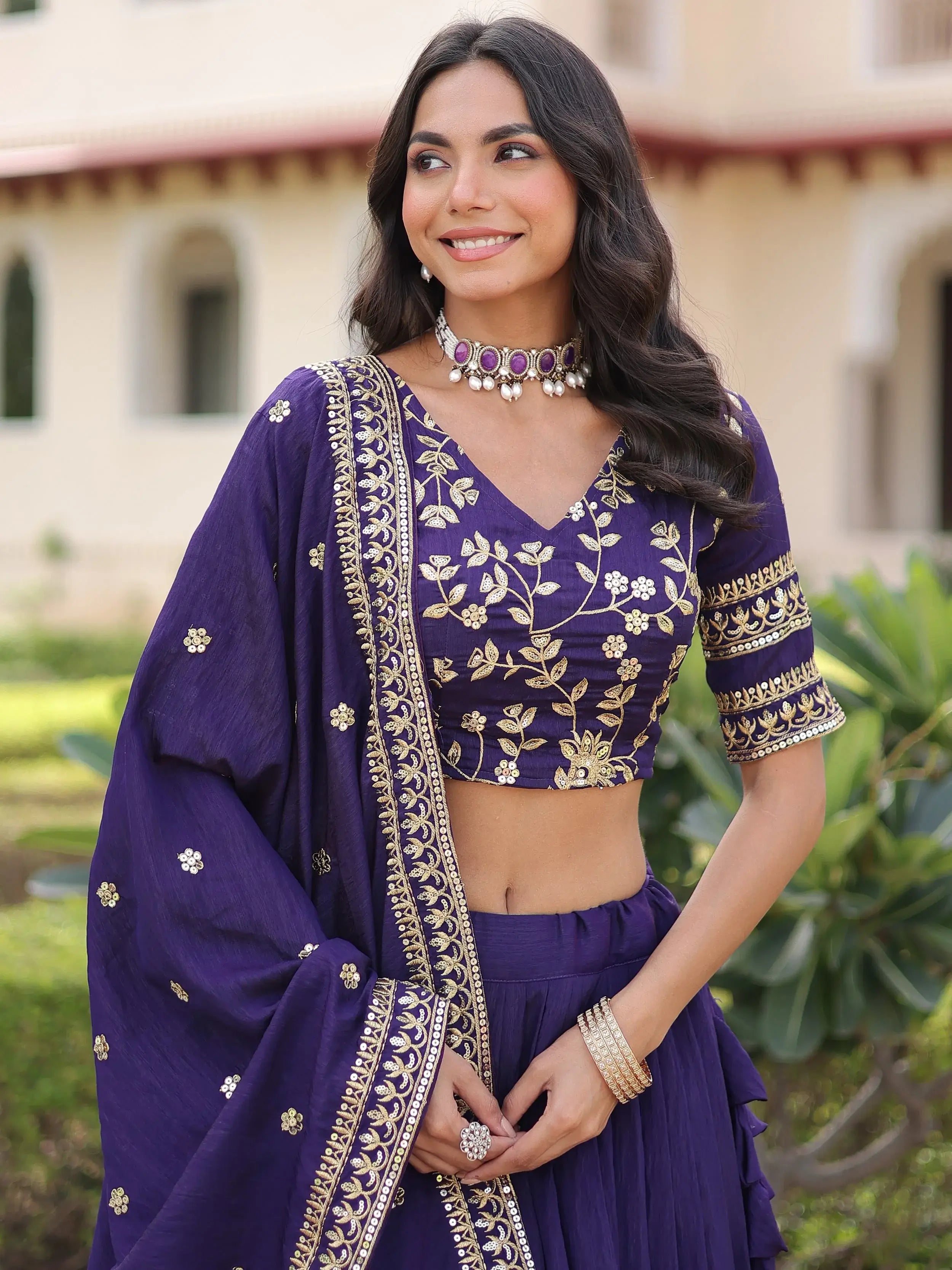 Graceful Purple Embroidered Silk Wedding Wear Lehenga Choli 
