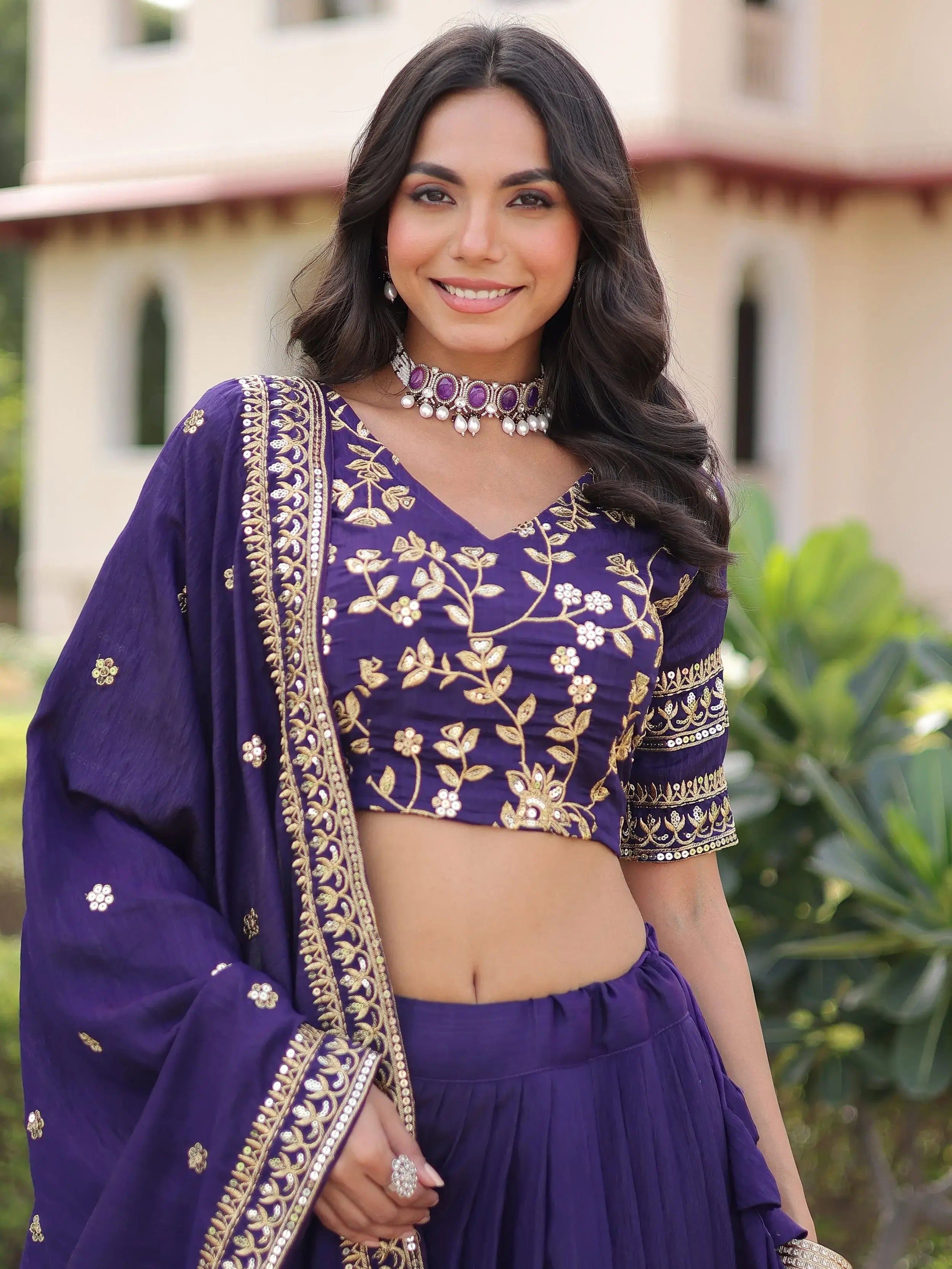 Graceful Purple Embroidered Silk Wedding Wear Lehenga Choli 