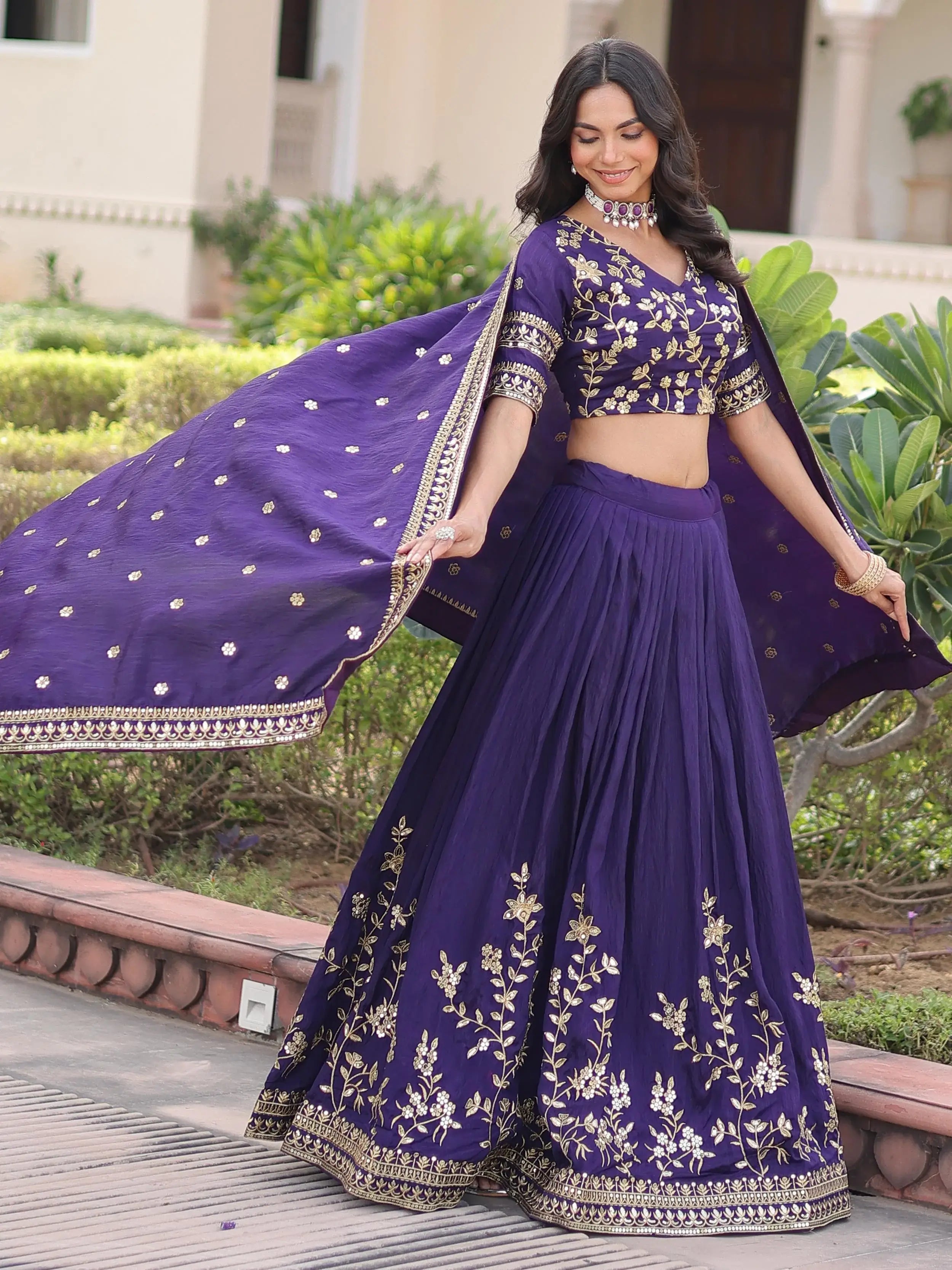 Graceful Purple Embroidered Silk Wedding Wear Lehenga Choli 