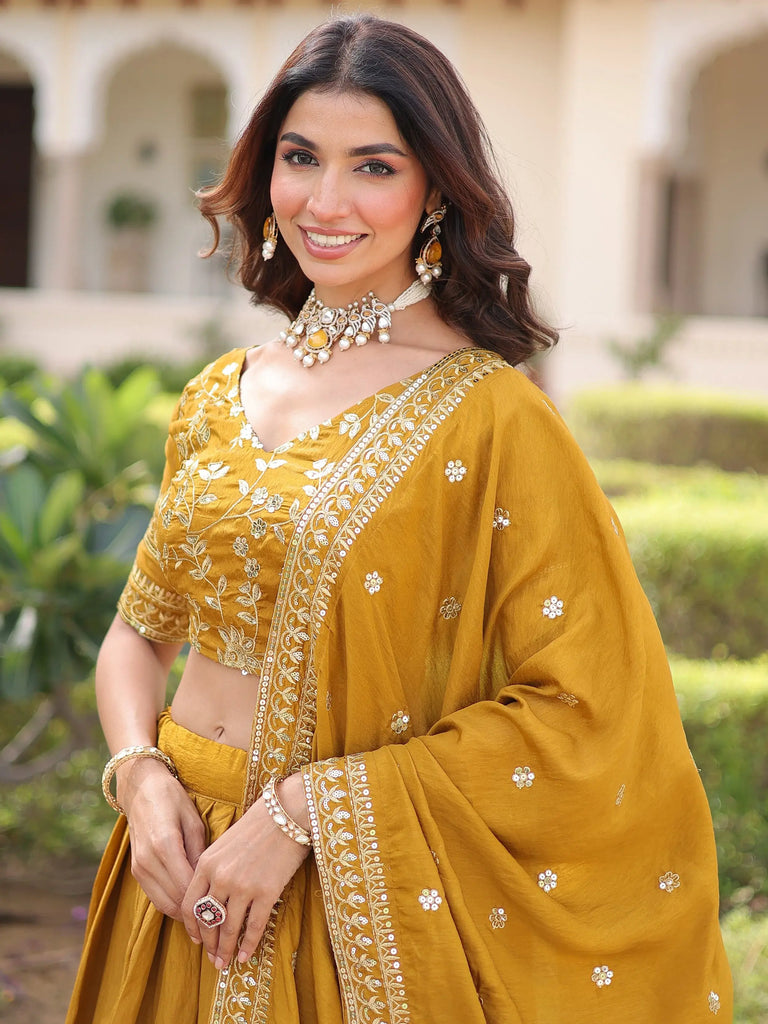 Captivating Yellow Embroidered Silk Haldi Wear Lehenga Choli 