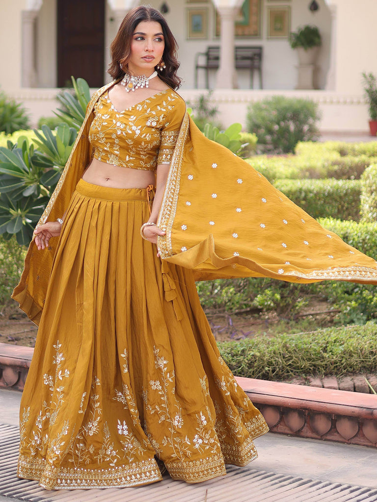 Captivating Yellow Embroidered Silk Haldi Wear Lehenga Choli 