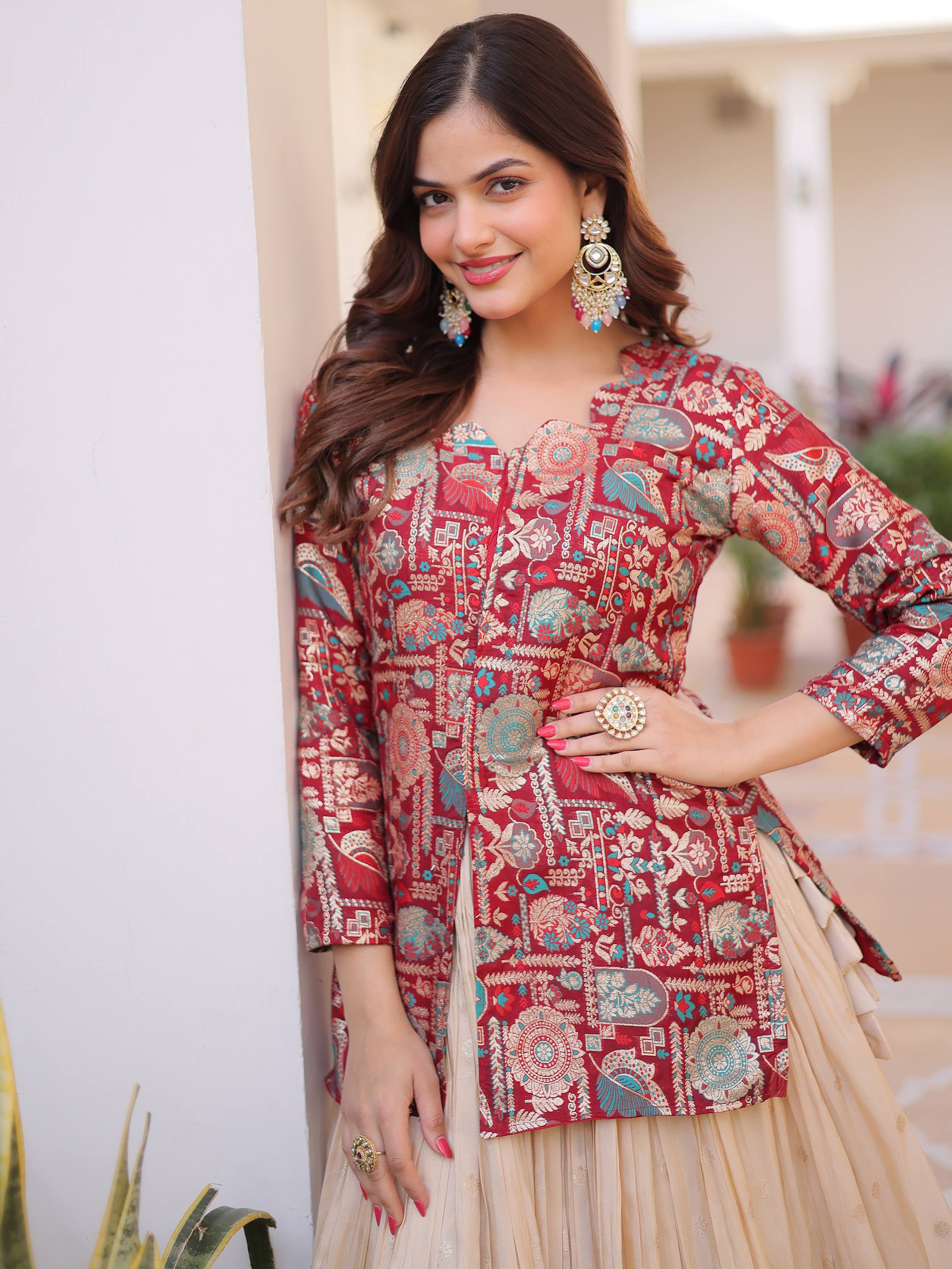 Great Maroon Zari Weaving Festival Wear Lehenga With Peplum Top