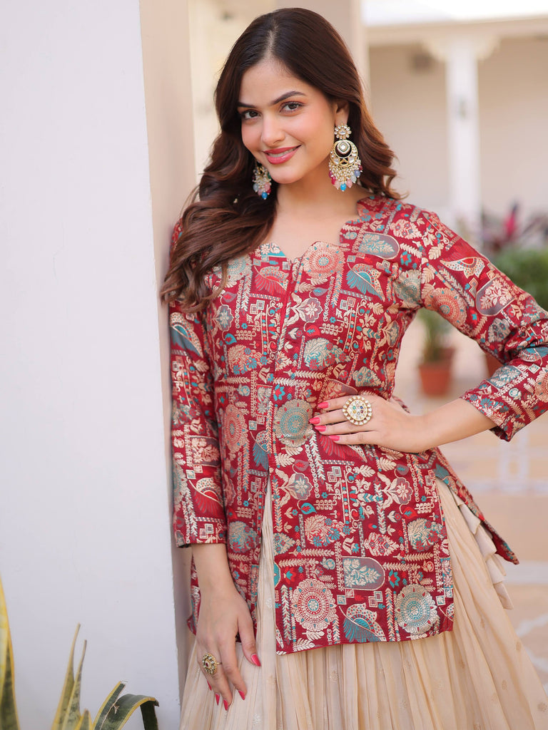 Great Maroon Zari Weaving Festival Wear Lehenga With Peplum Top