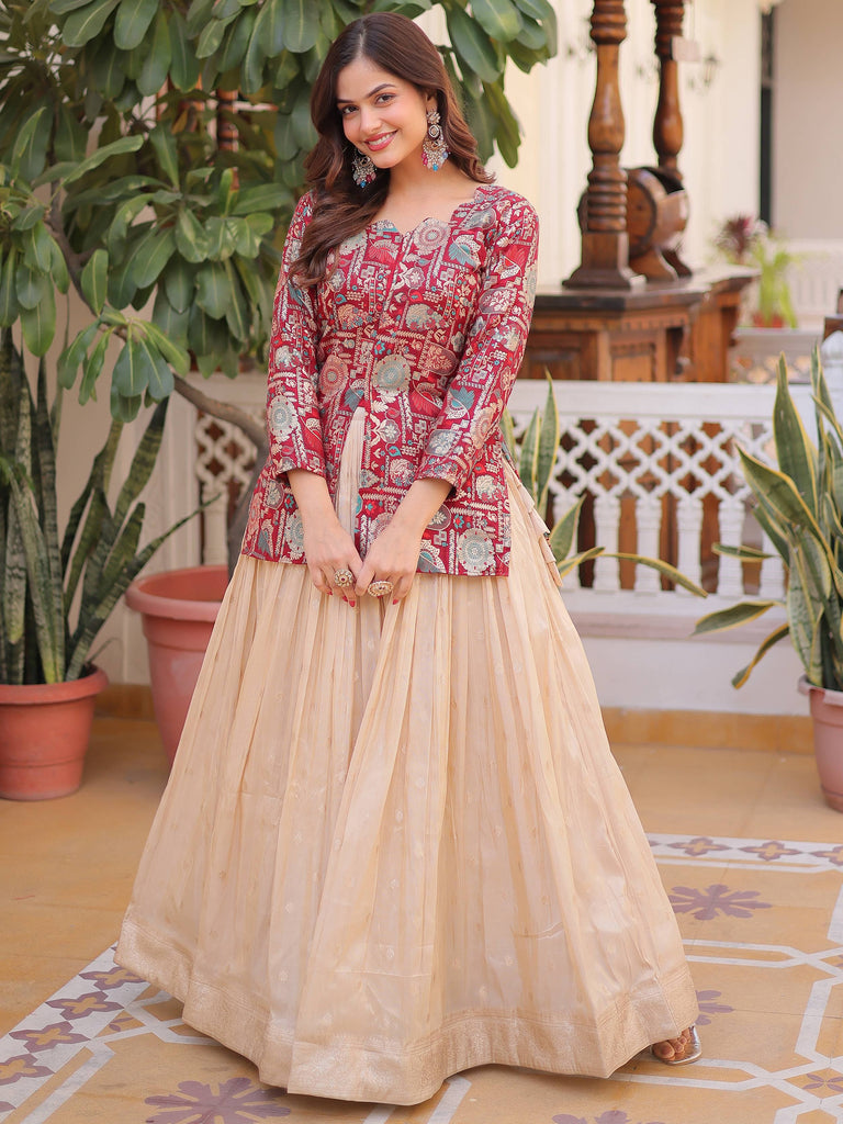 Great Maroon Zari Weaving Festival Wear Lehenga With Peplum Top