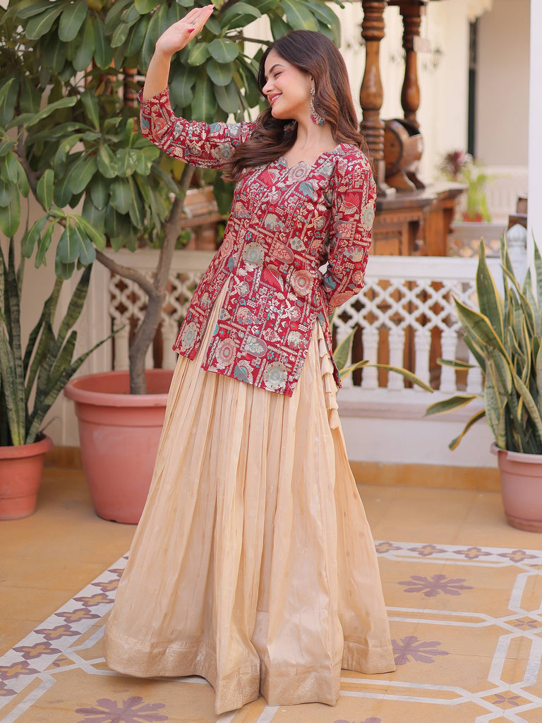 Great Maroon Zari Weaving Festival Wear Lehenga With Peplum Top