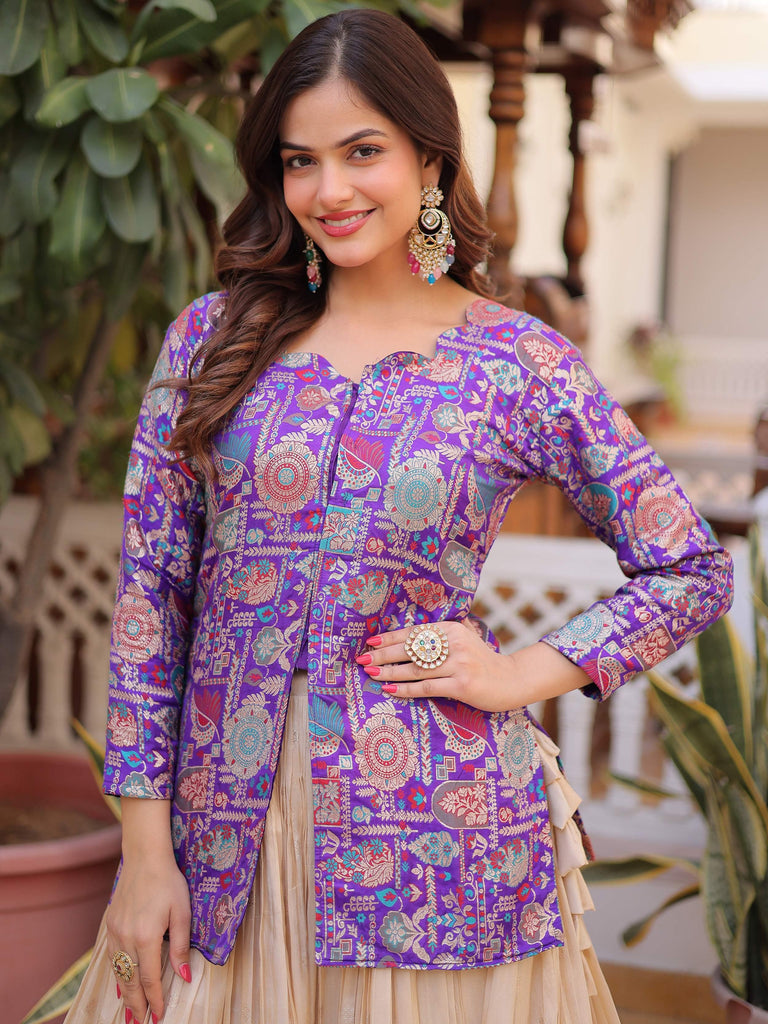 Outstanding Purple Zari Weaving Wedding Wear Lehenga With Peplum Top