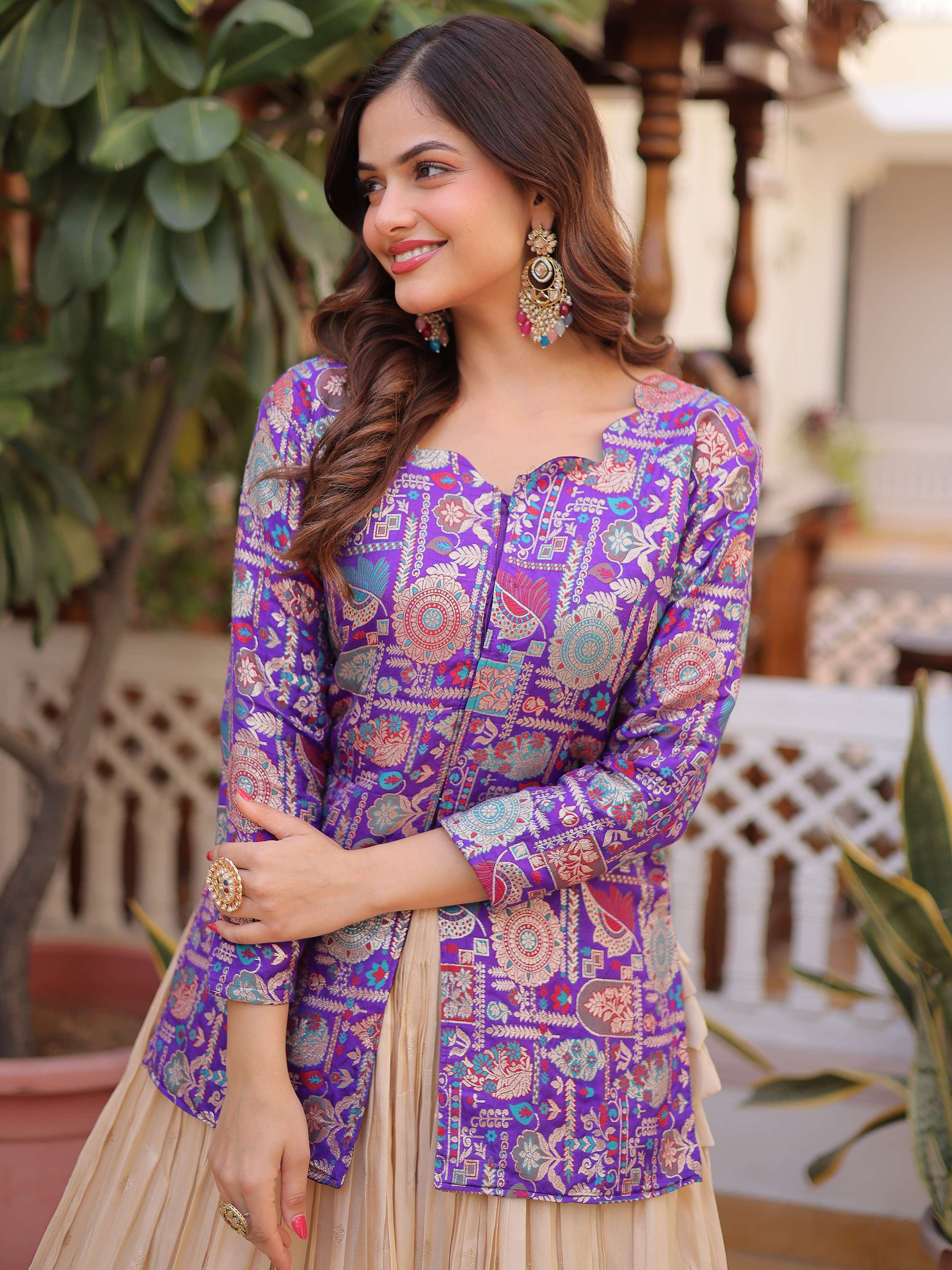 Outstanding Purple Zari Weaving Wedding Wear Lehenga With Peplum Top