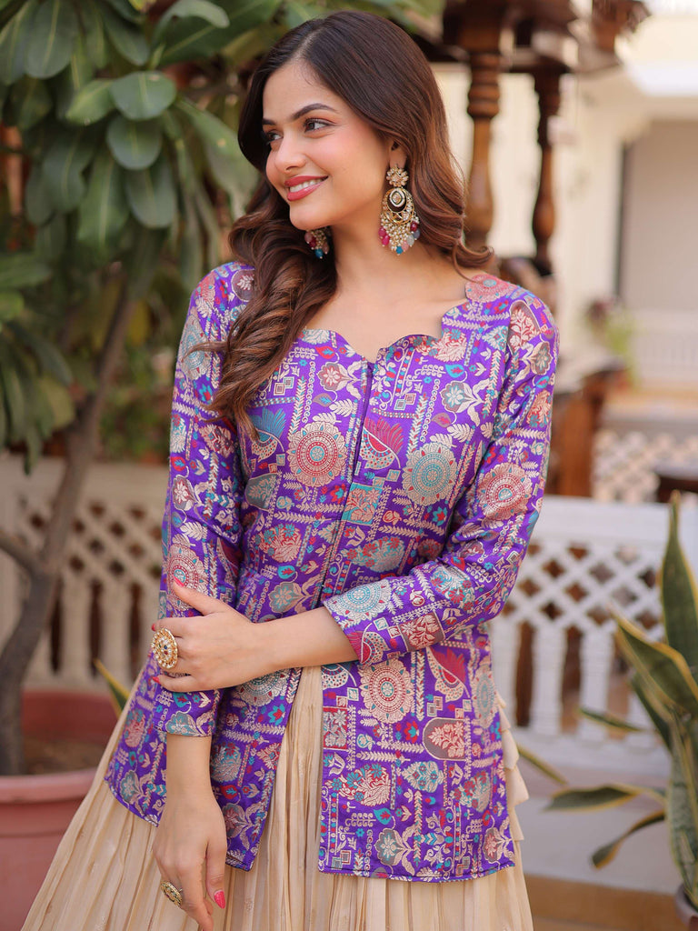 Outstanding Purple Zari Weaving Wedding Wear Lehenga With Peplum Top