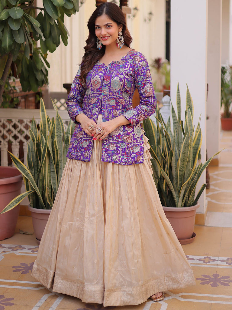 Outstanding Purple Zari Weaving Wedding Wear Lehenga With Peplum Top