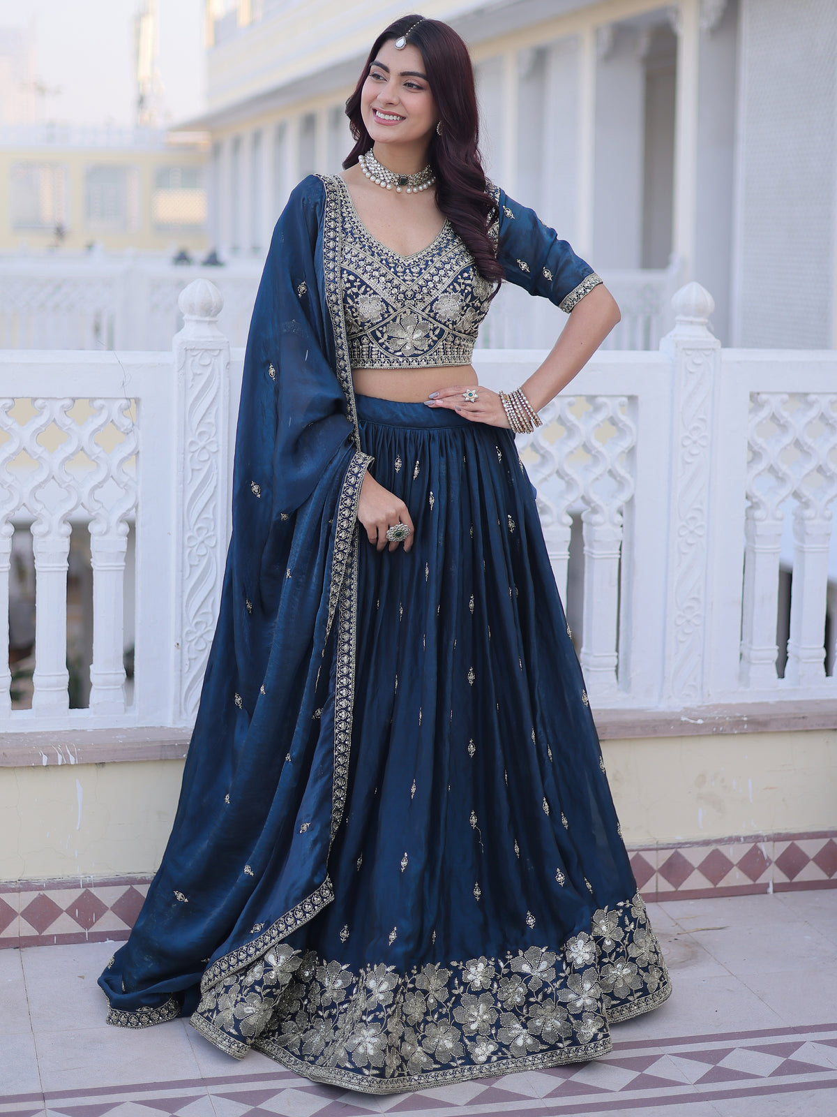 Royal Navy Blue Zari Embroidery Silk Wedding Wear Lehenga Choli