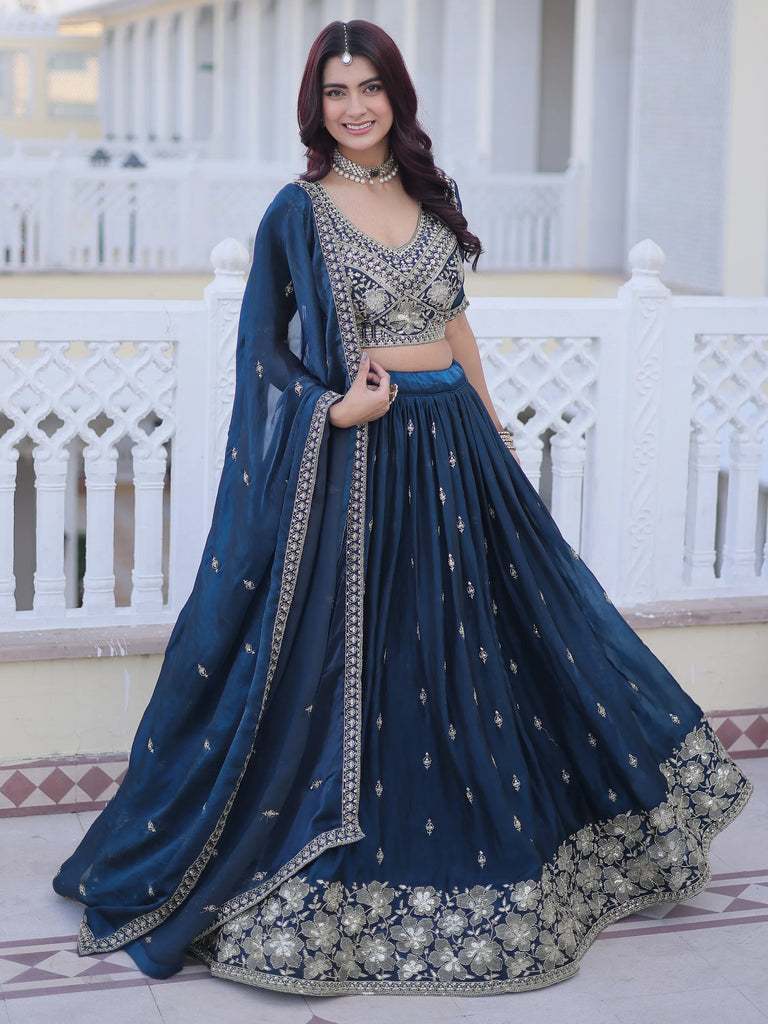 Royal Navy Blue Zari Embroidery Silk Wedding Wear Lehenga Choli