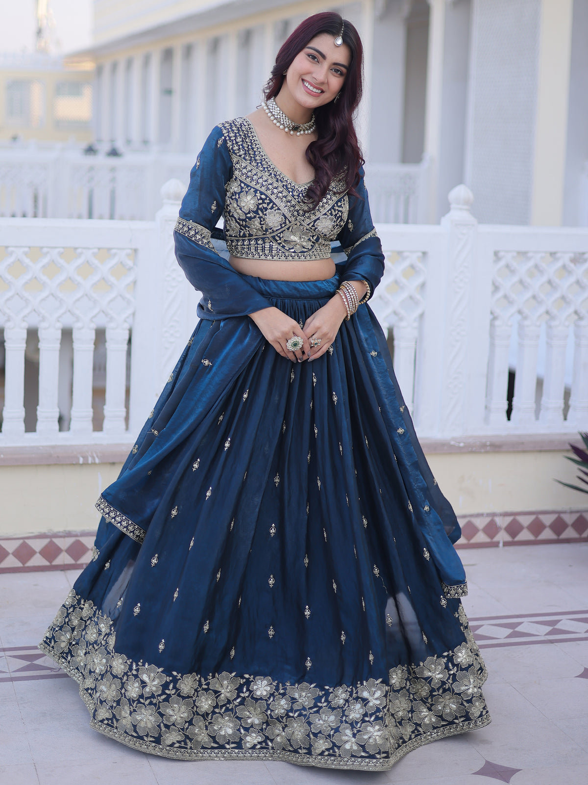 Royal Navy Blue Zari Embroidery Silk Wedding Wear Lehenga Choli