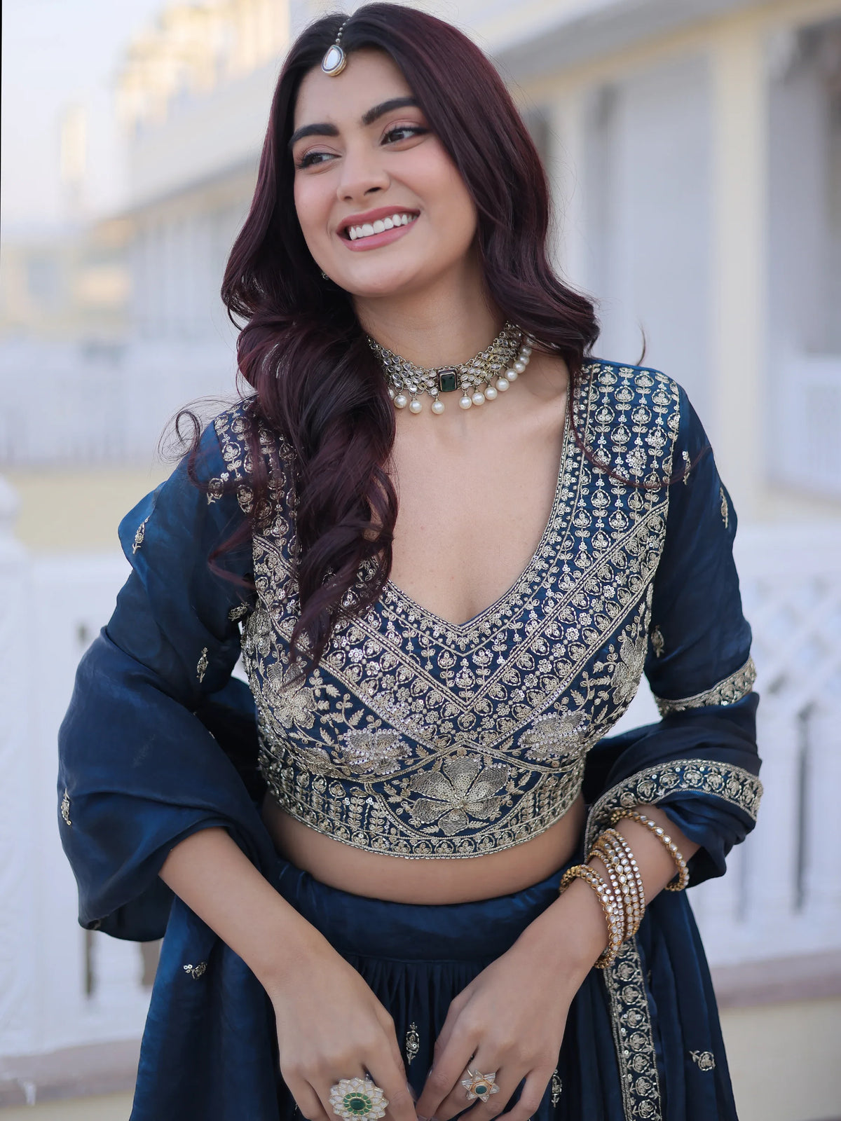 Royal Navy Blue Zari Embroidery Silk Wedding Wear Lehenga Choli