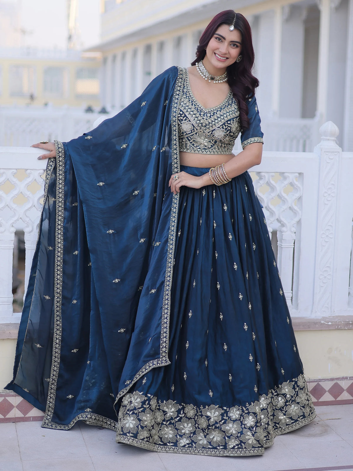 Royal Navy Blue Zari Embroidery Silk Wedding Wear Lehenga Choli