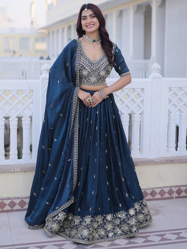 Royal Navy Blue Zari Embroidery Silk Wedding Wear Lehenga Choli