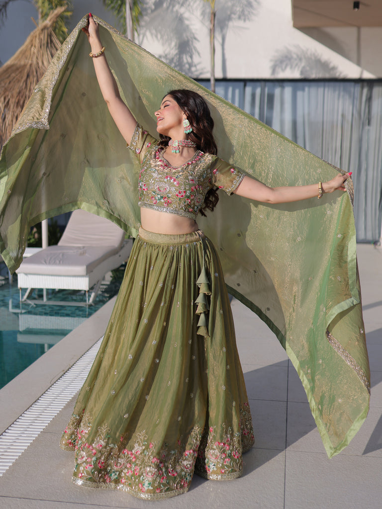 Amazeballs Green Embroidered Silk Mehendi Wear Lehenga With Blouse