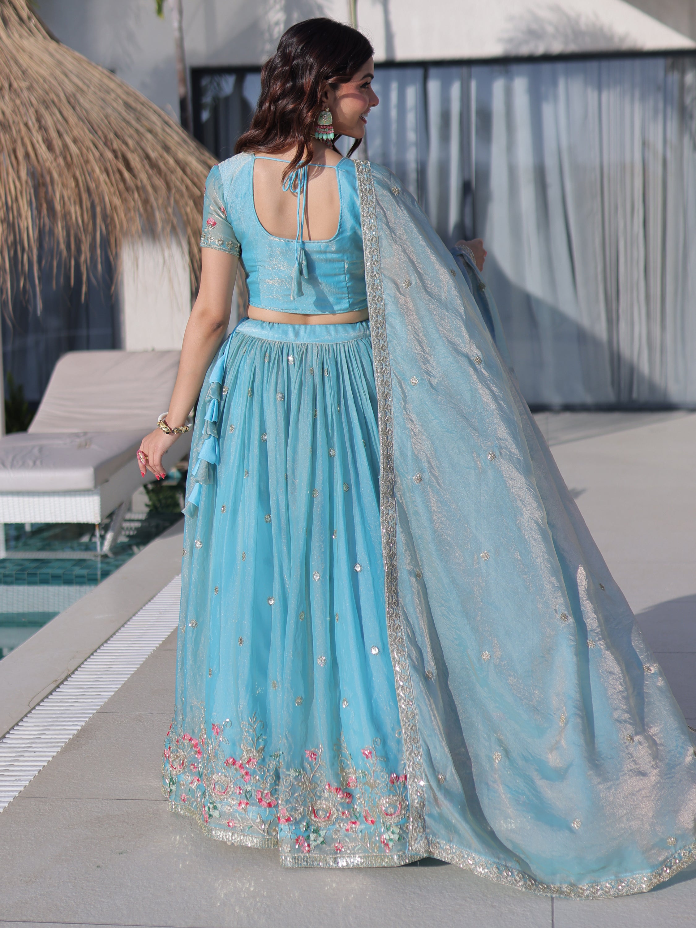 Rich Sky Blue Thread Work Silk Festive Wear Lehenga Choli With Dupatta