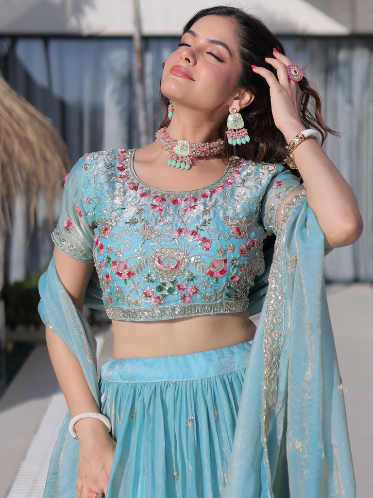 Rich Sky Blue Thread Work Silk Festive Wear Lehenga Choli With Dupatta
