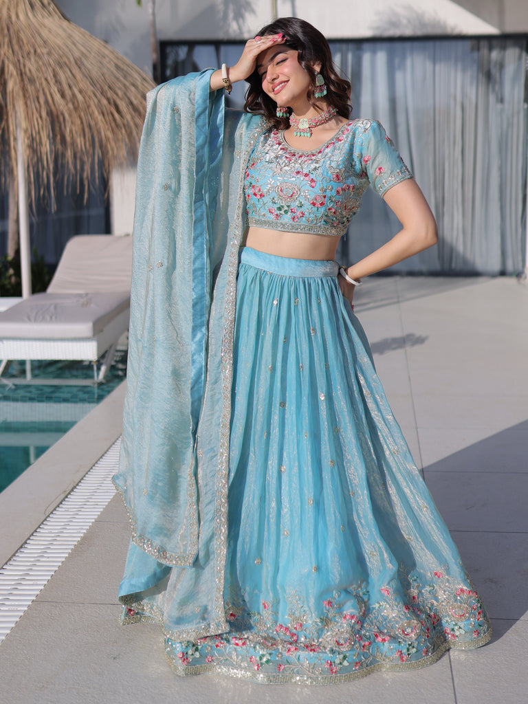 Rich Sky Blue Thread Work Silk Festive Wear Lehenga Choli With Dupatta