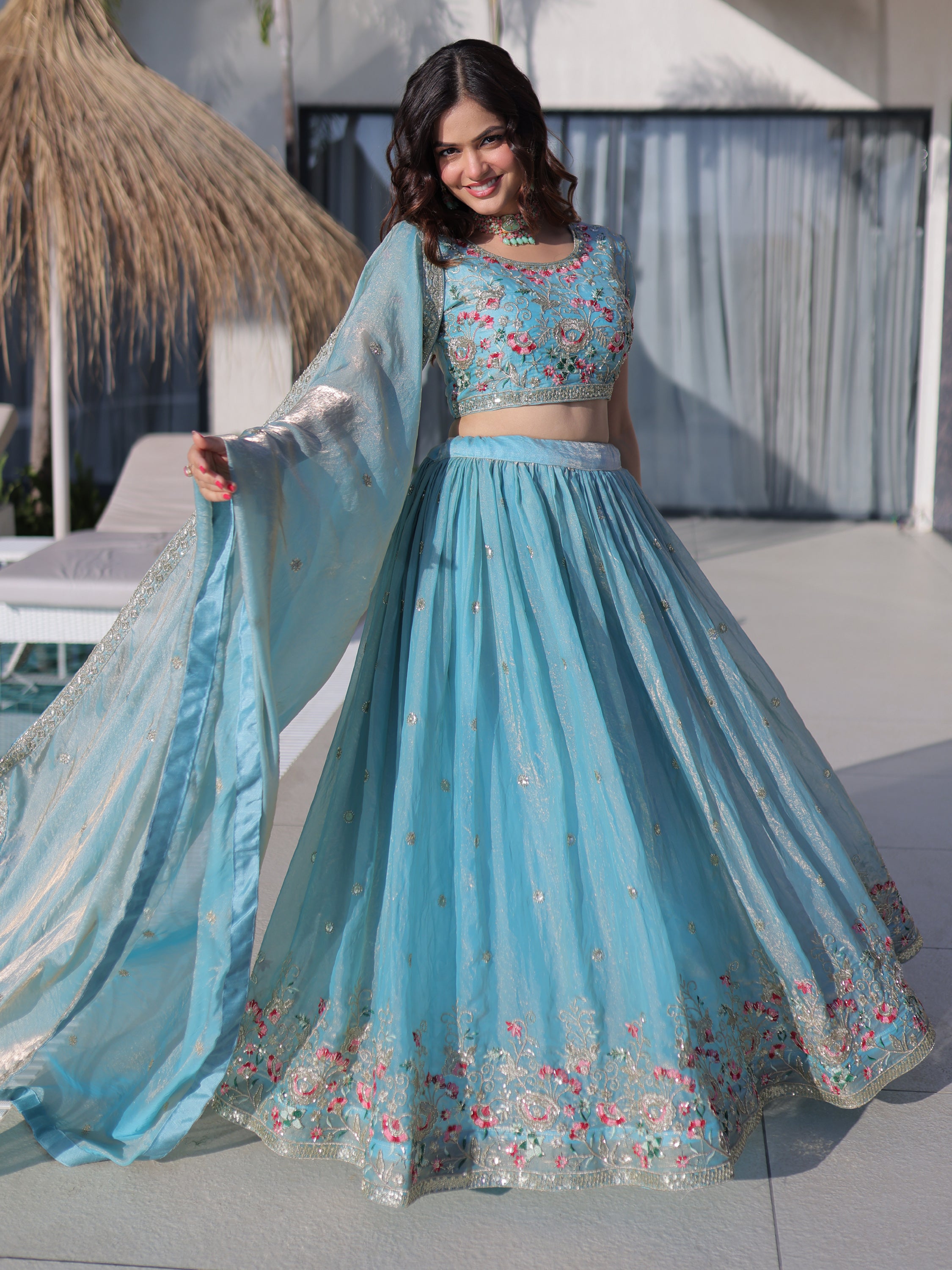 Rich Sky Blue Thread Work Silk Festive Wear Lehenga Choli With Dupatta