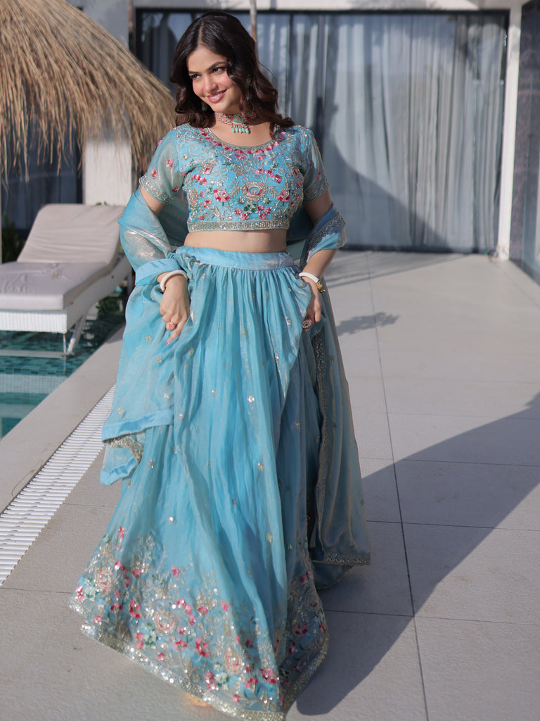 Rich Sky Blue Thread Work Silk Festive Wear Lehenga Choli With Dupatta