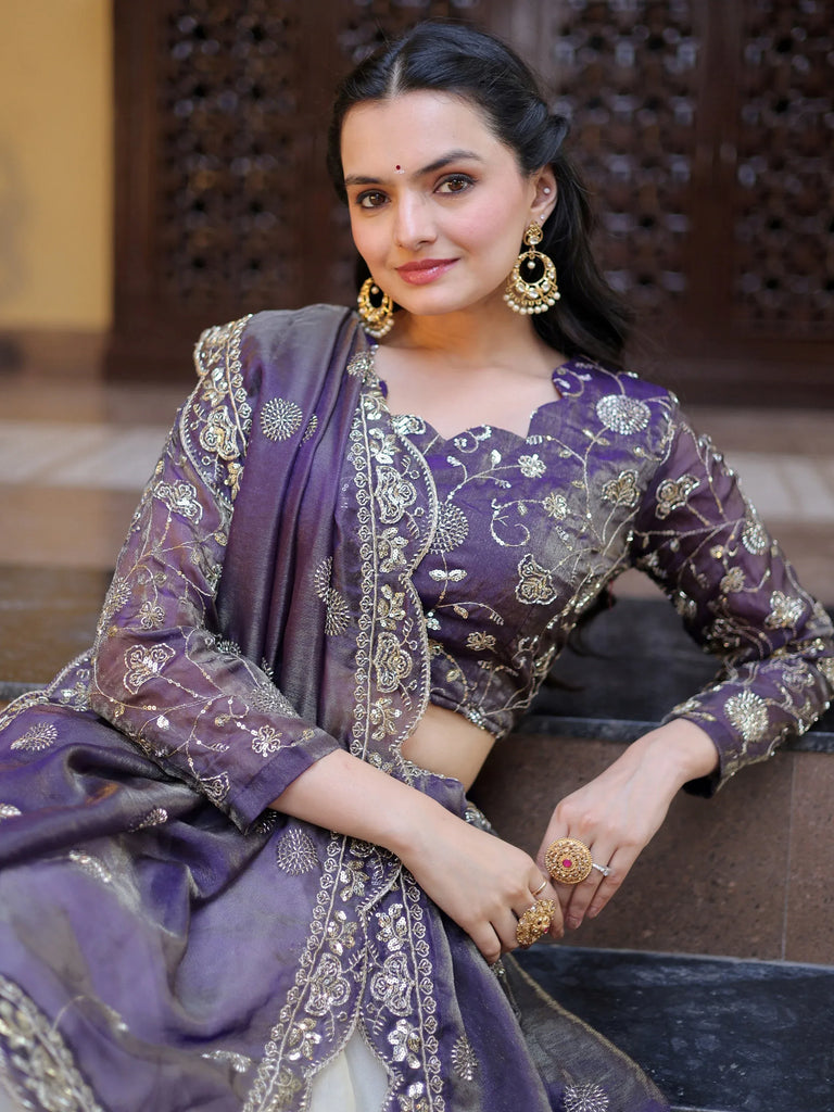 Gorgeous Purple Sequins Silk Sangeet Wear Lehenga Choli With Dupatta