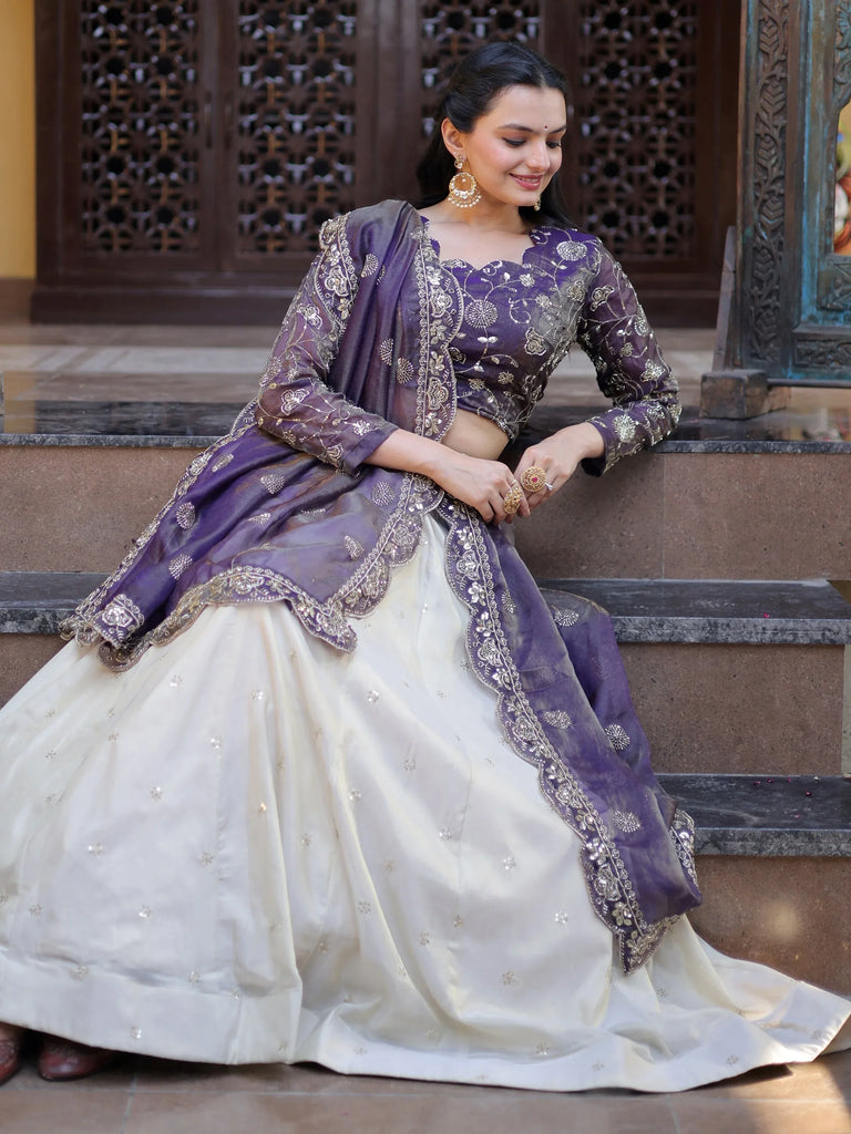 Gorgeous Purple Sequins Silk Sangeet Wear Lehenga Choli With Dupatta