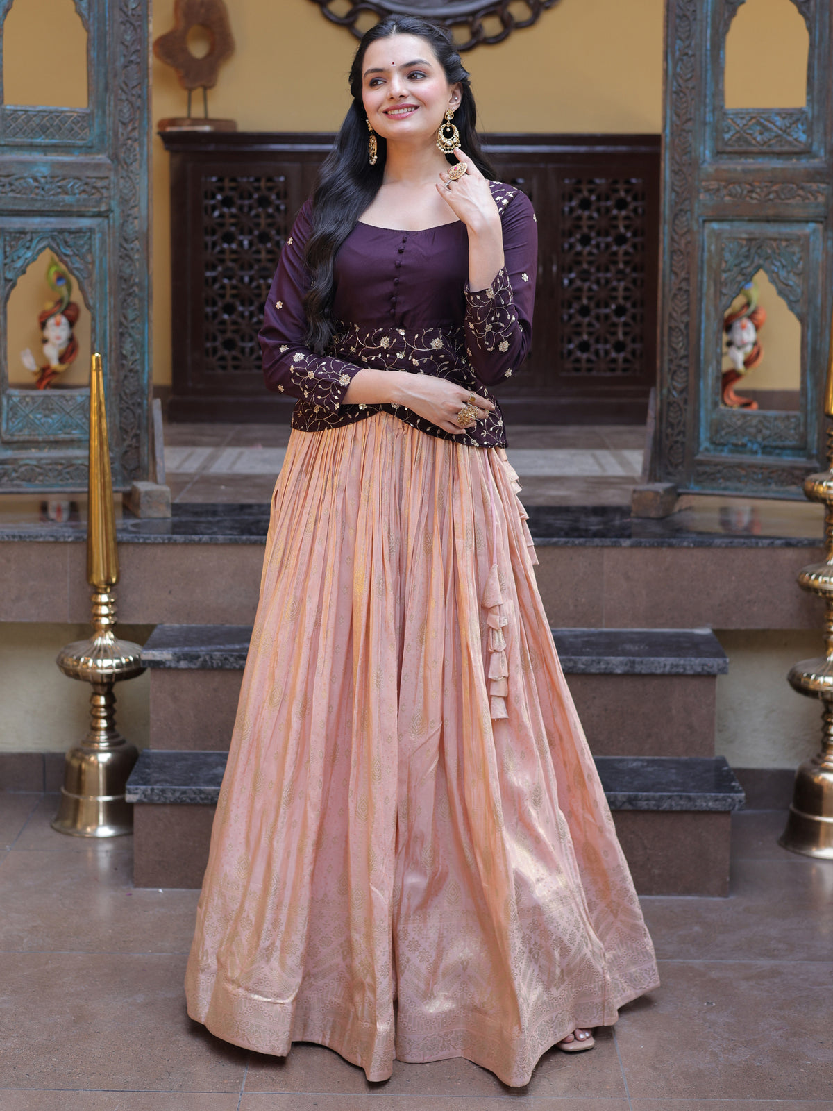 Alluring Cream Zari Weaving Jacquard Wedding Wear Lehenga Choli